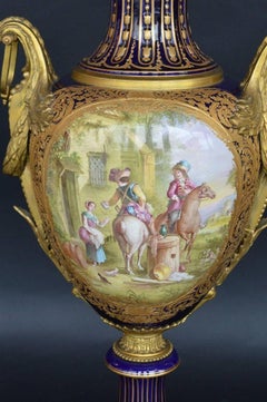 Late 19th Century Oversized French Blue Royal Hand-Painted Sevres Lidded Vase