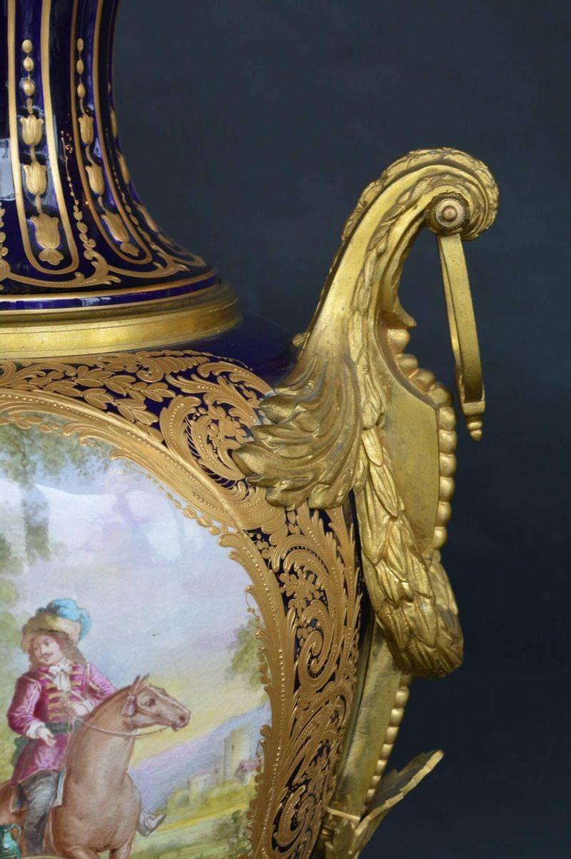 Oversized Blue Royal Hand-Painted Sevres Lidded Vase In Good Condition For Sale In Los Angeles, CA