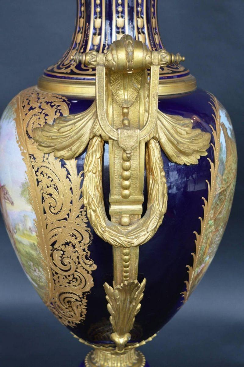 Porcelain Oversized Blue Royal Hand-Painted Sevres Lidded Vase For Sale