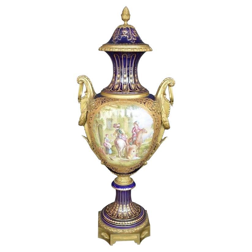 Oversized Blue Royal Hand-Painted Sevres Lidded Vase