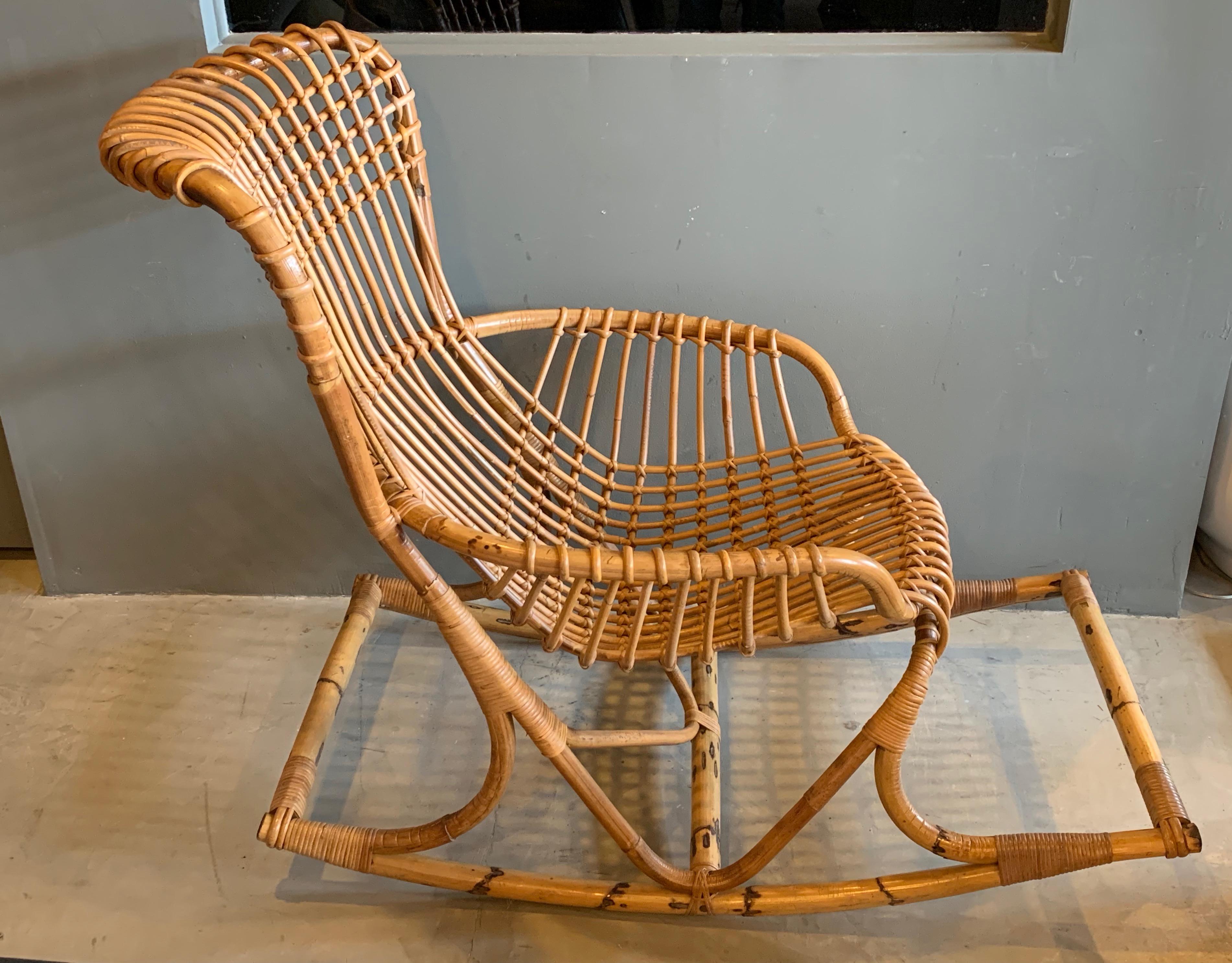 Italian Oversized Bonacina Rattan and Bamboo Rocking Chair