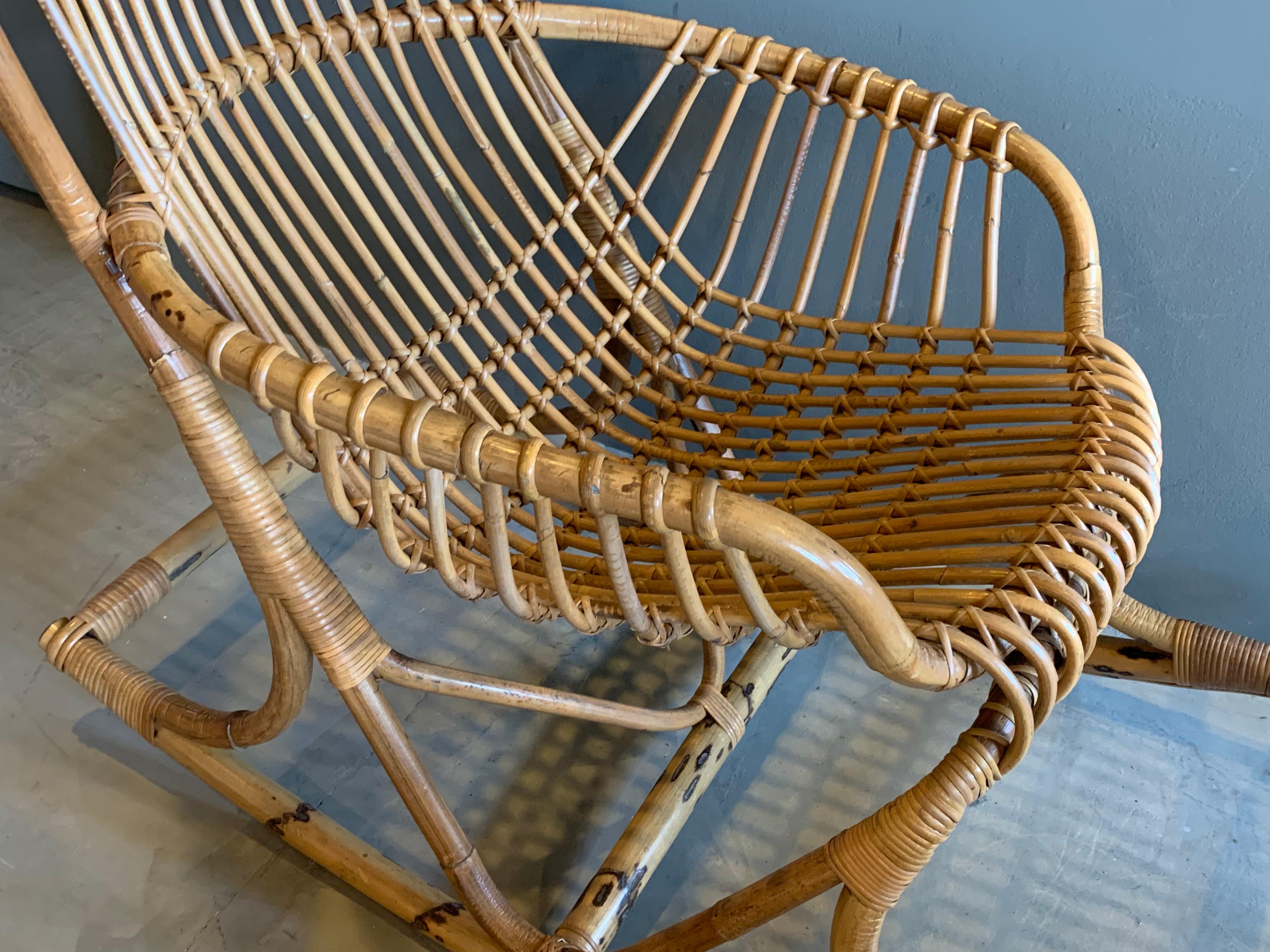 Oversized Bonacina Rattan and Bamboo Rocking Chair In Good Condition In Los Angeles, CA