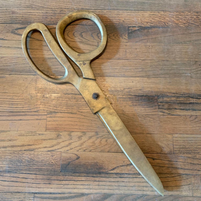 Midcentury, oversized, advertising, store display, bronze scissors open and close as real scissors. Makes a great, rustic, folk art piece or wall art.