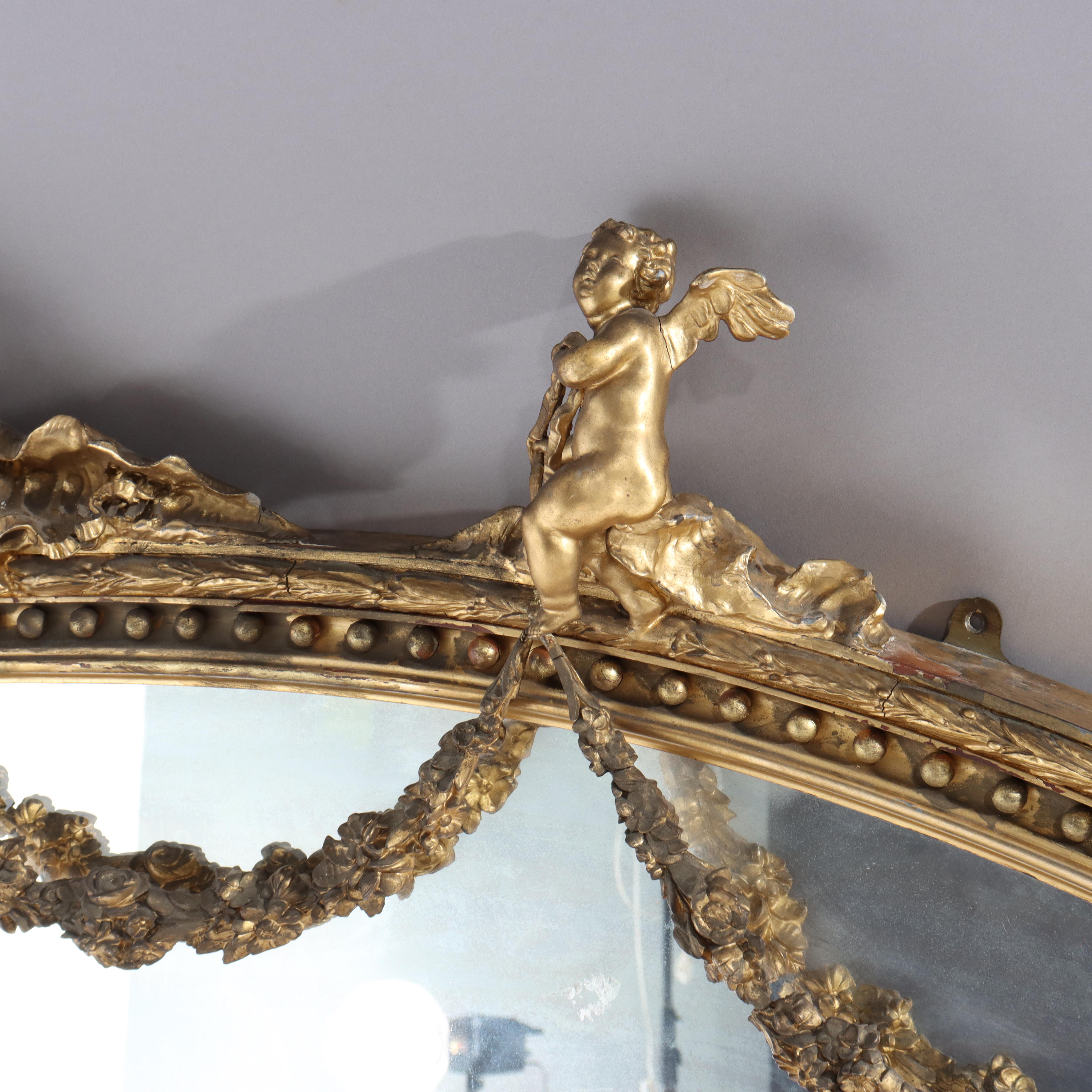 Miroir de cheminée surdimensionné en bois doré classique de Boston avec chérubins C1860 Bon état - En vente à Big Flats, NY
