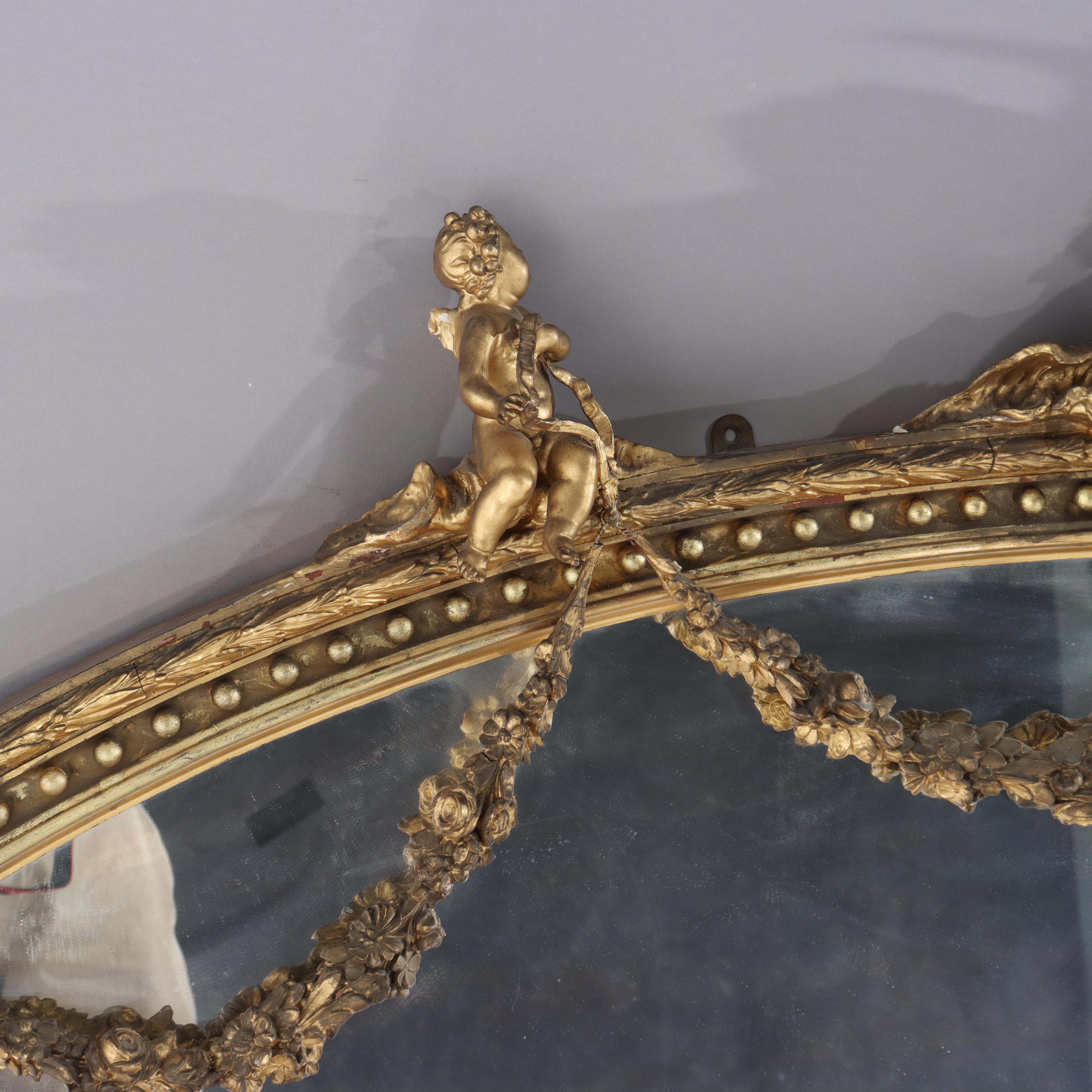 Bois doré Miroir de cheminée surdimensionné en bois doré classique de Boston avec chérubins C1860 en vente