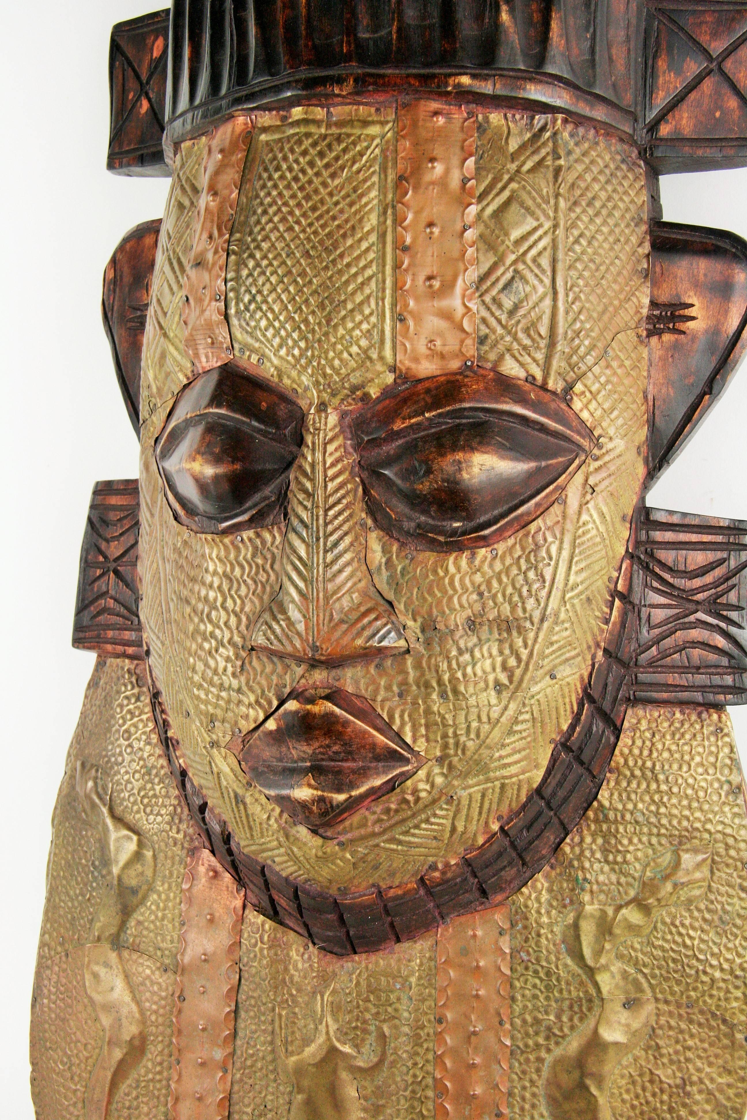 Early 20th Century African Oversized Brass and Wood Ceremonial Wall Folk Art  Sculpture/Mask
