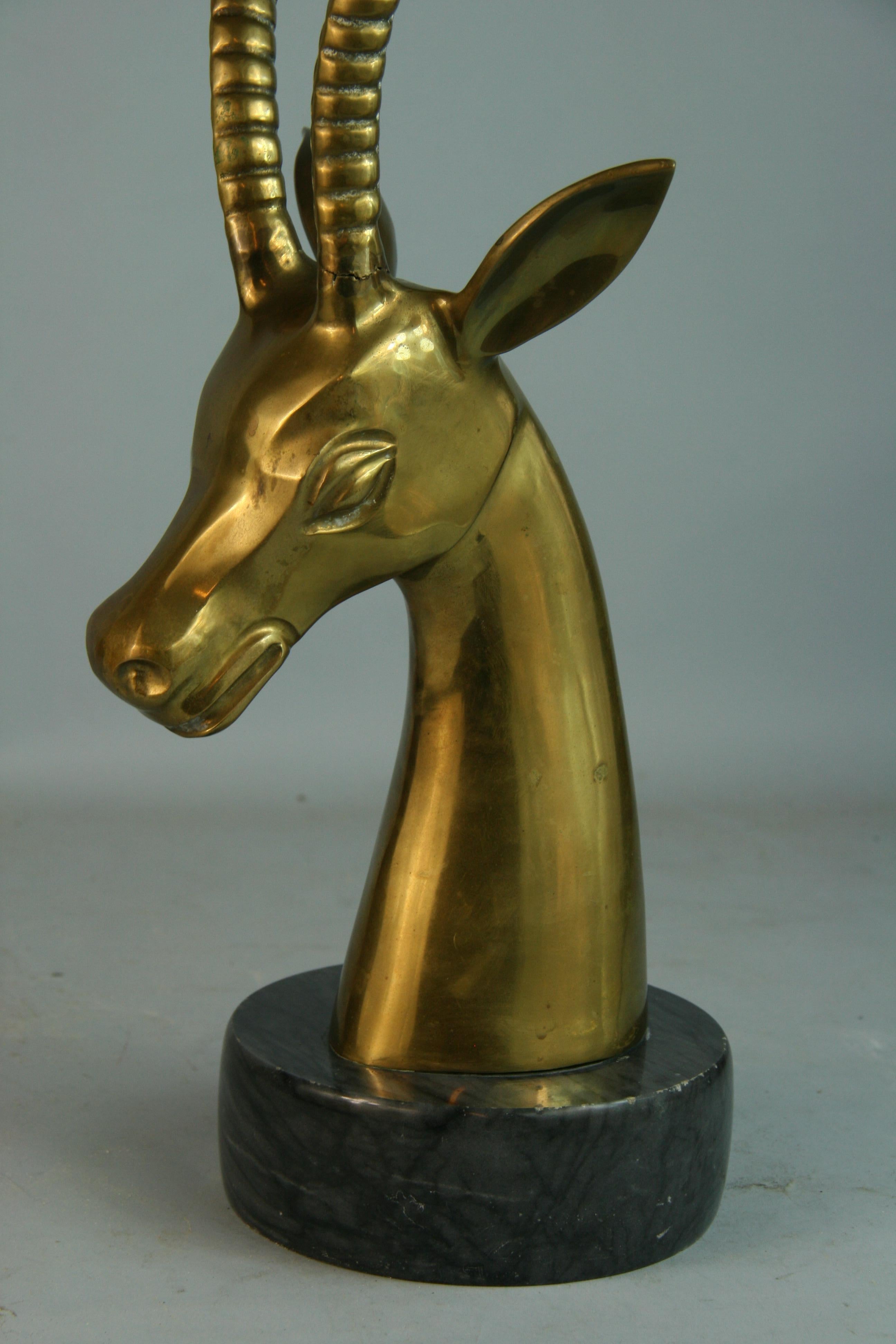 Oversized Brass Ibex Sculpture on Marble Base In Good Condition For Sale In Douglas Manor, NY