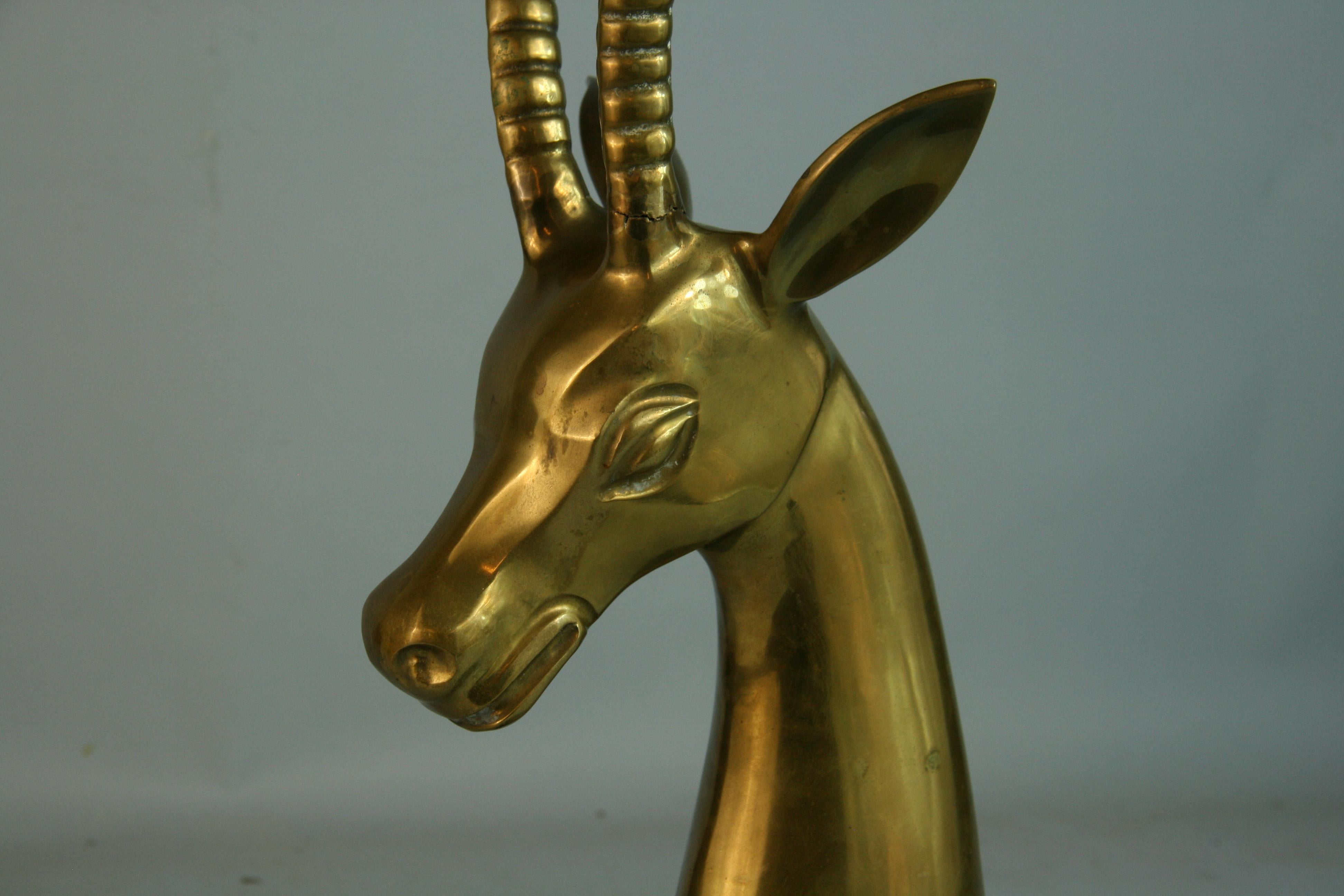 Mid-20th Century Oversized Brass Ibex Sculpture on Marble Base For Sale