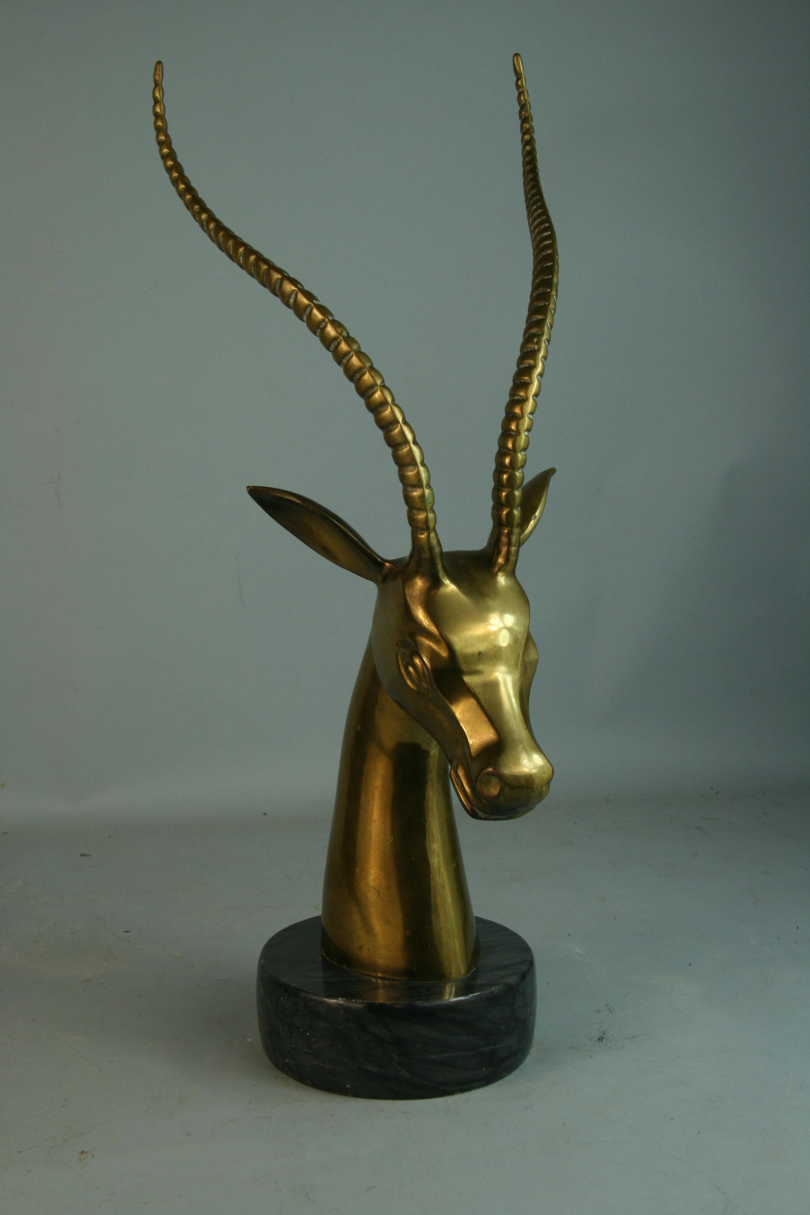 Oversized Brass Ibex Sculpture on Marble Base For Sale 1