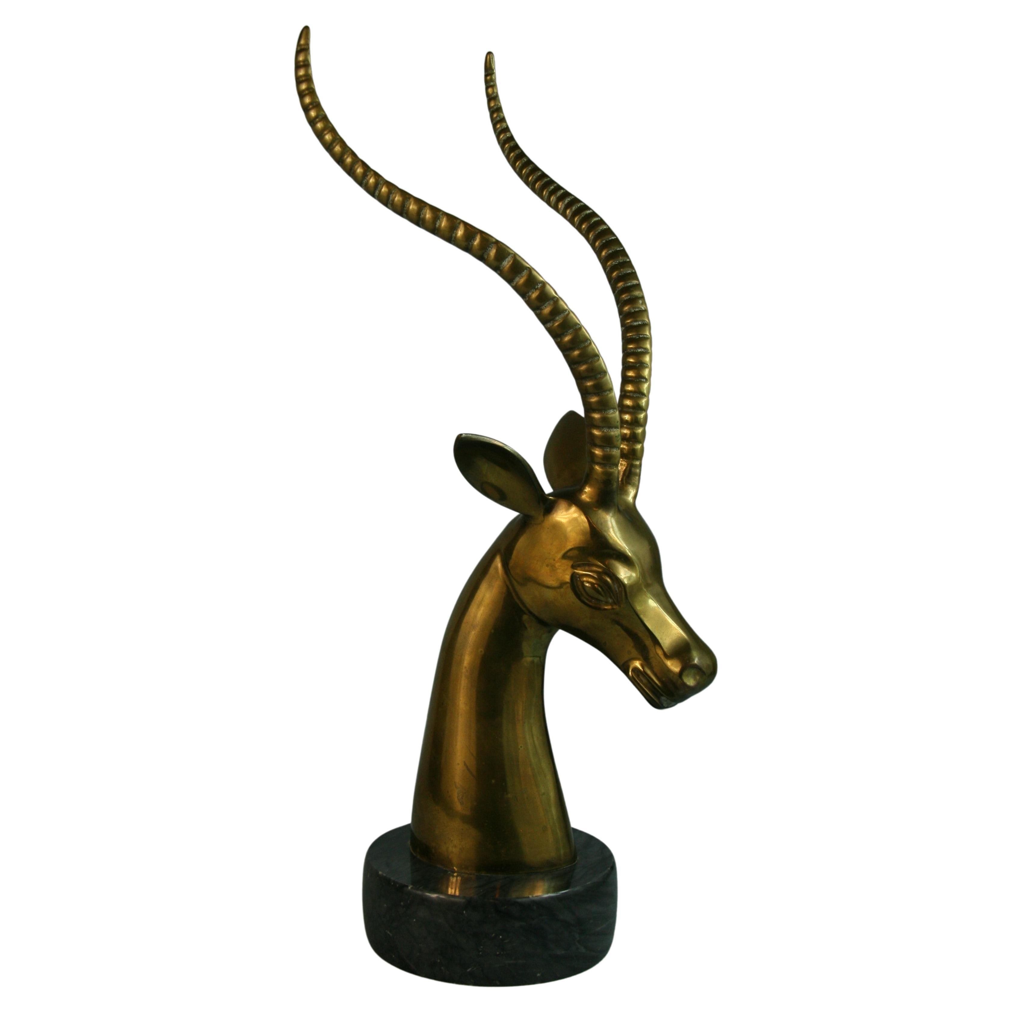 Oversized Brass Ibex Sculpture on Marble Base For Sale