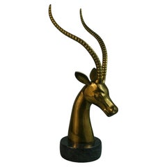 Vintage Oversized Brass Ibex Sculpture on Marble Base