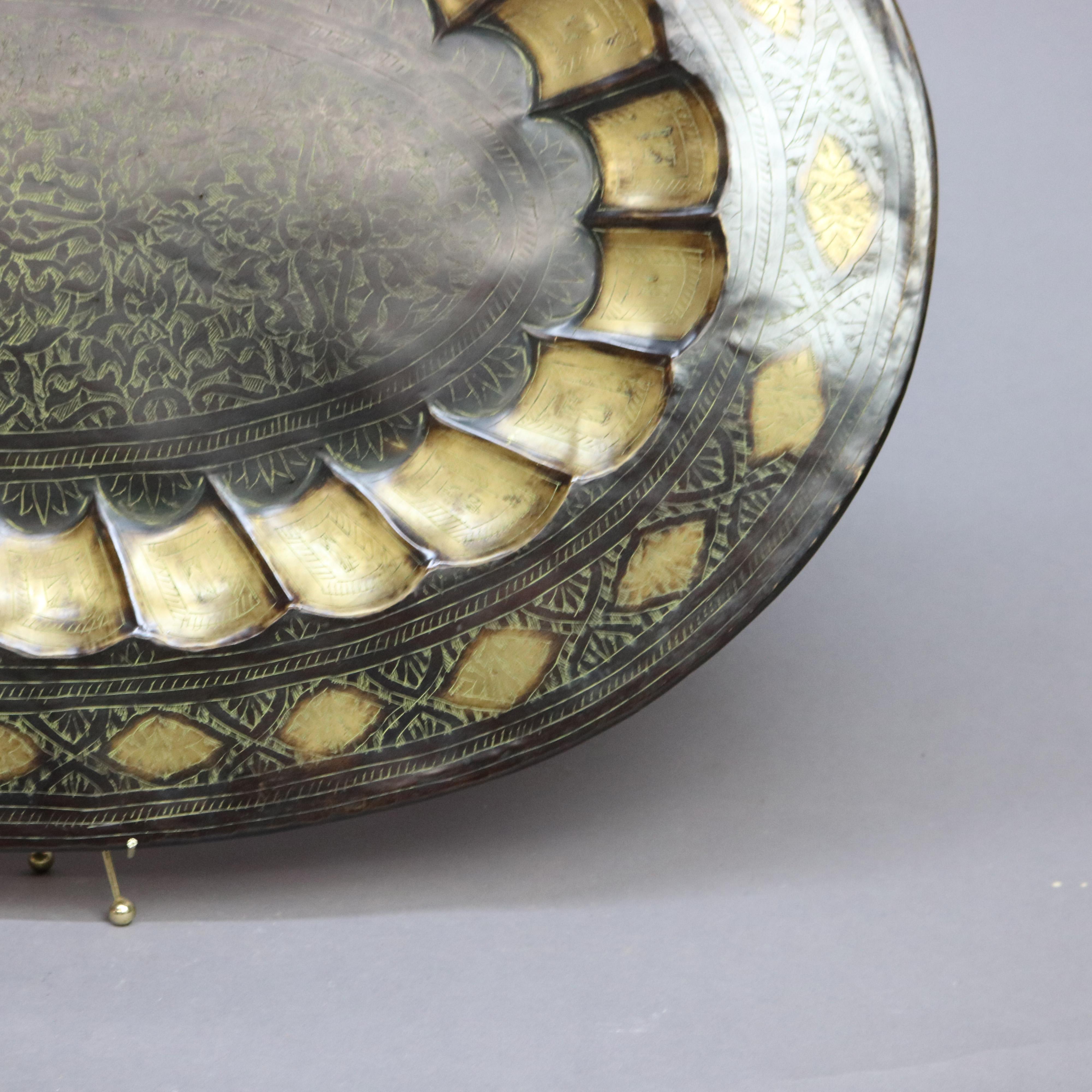 20th Century Oversized Brass Persian-Theme Oval Tray 20thC For Sale