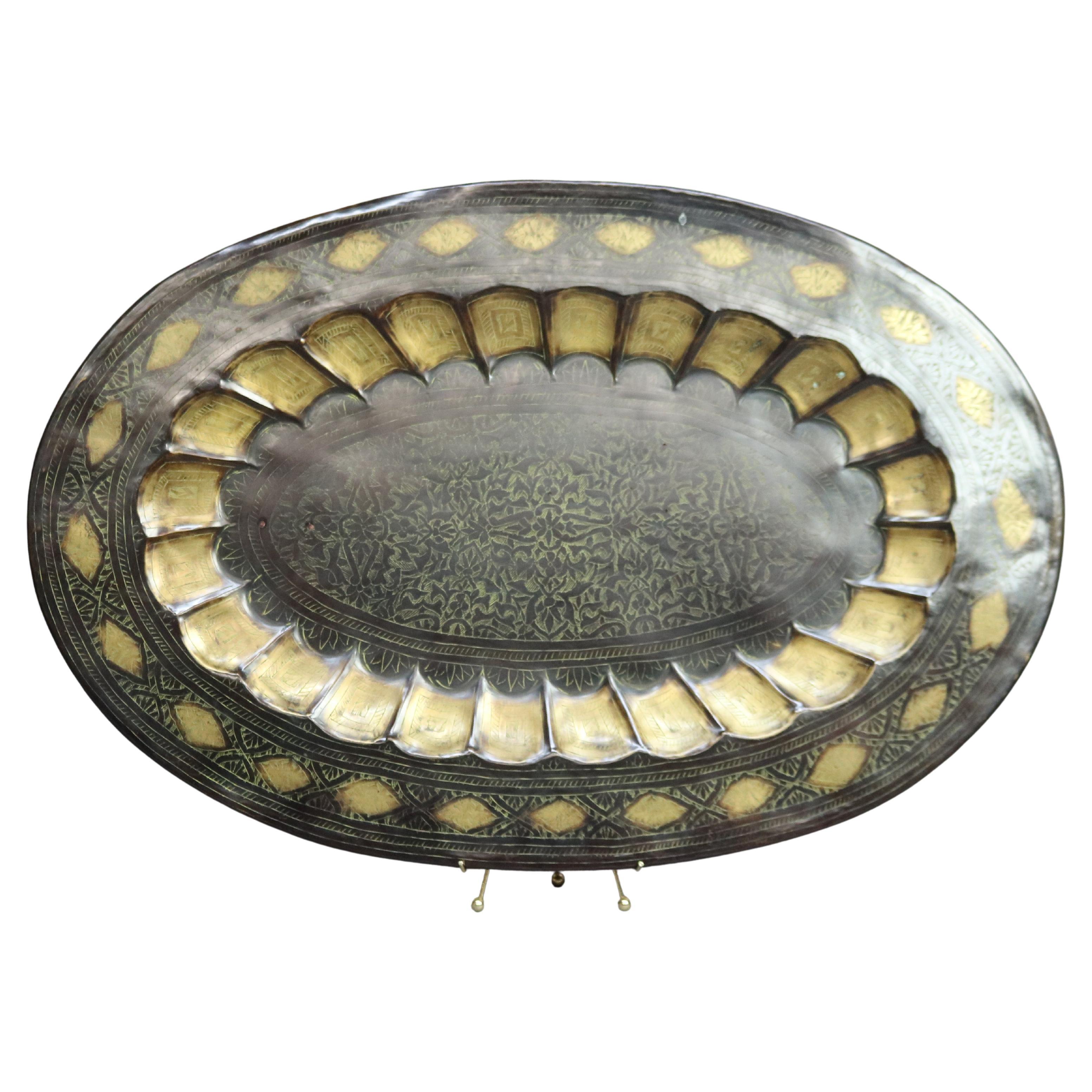 Oversized Brass Persian-Theme Oval Tray 20thC For Sale