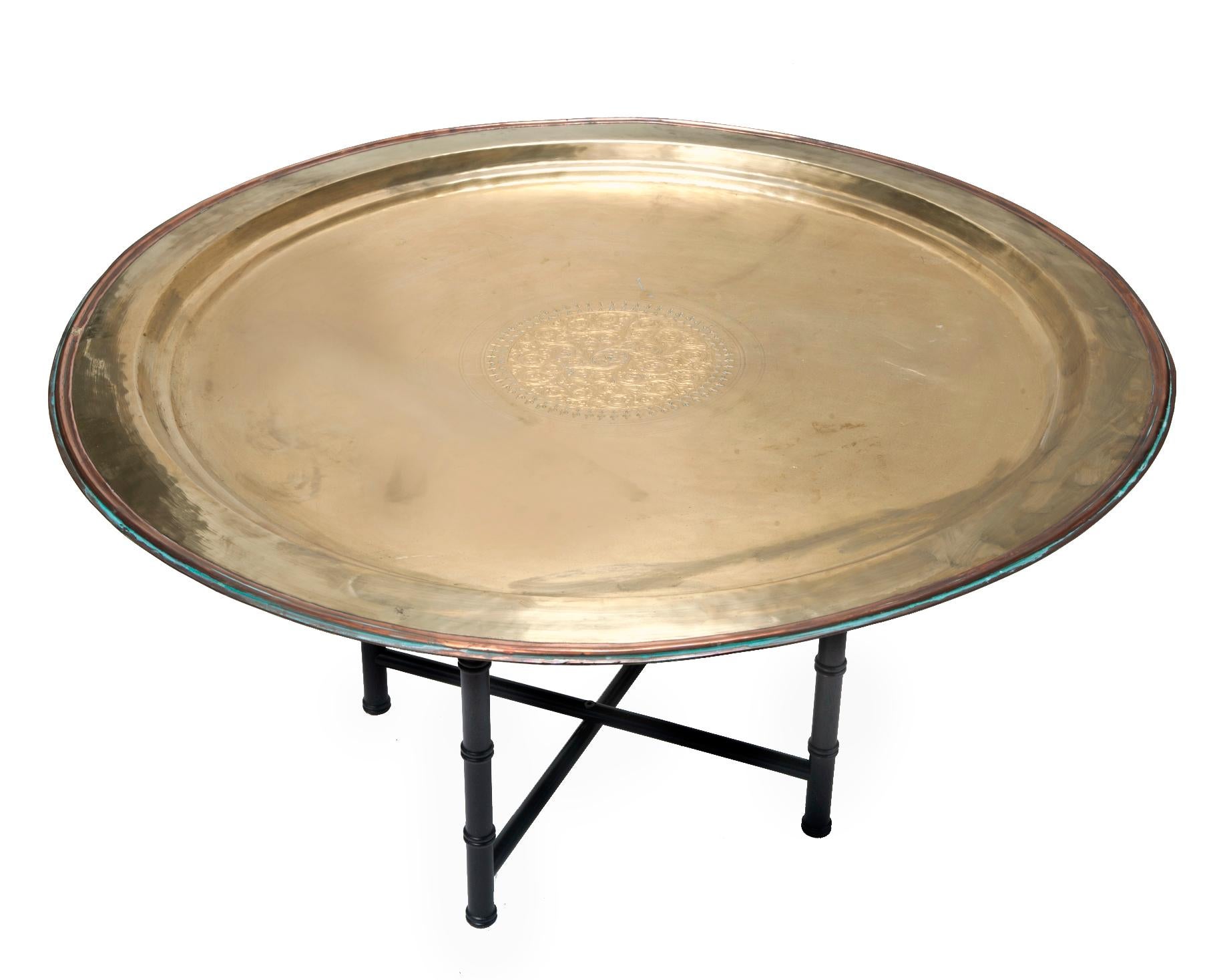 Hammered Oversized Brass Tray / Ebony Base For Sale
