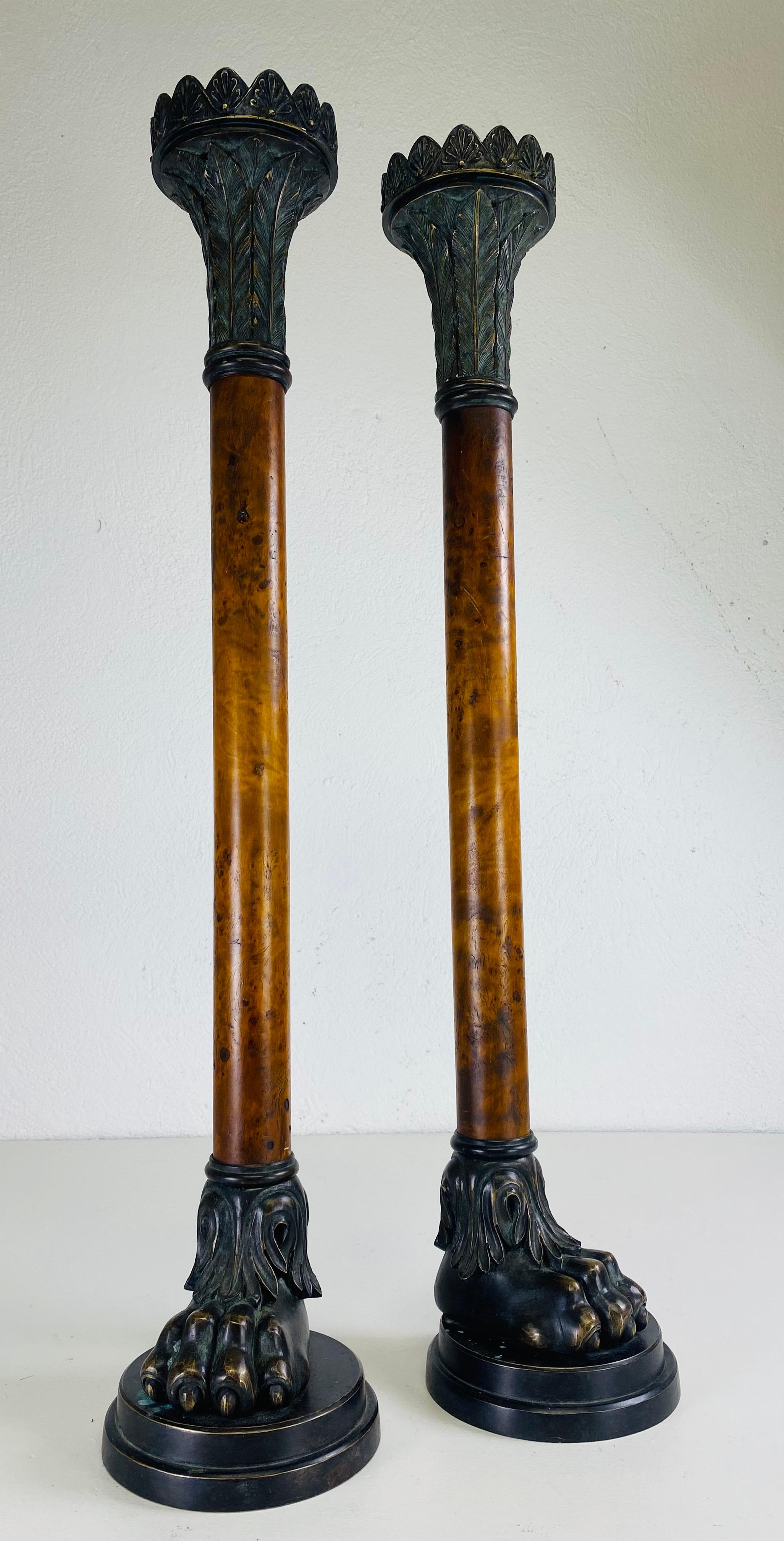 Oversized bronze and burled walnut candlesticks after theater Alexander For Sale 4