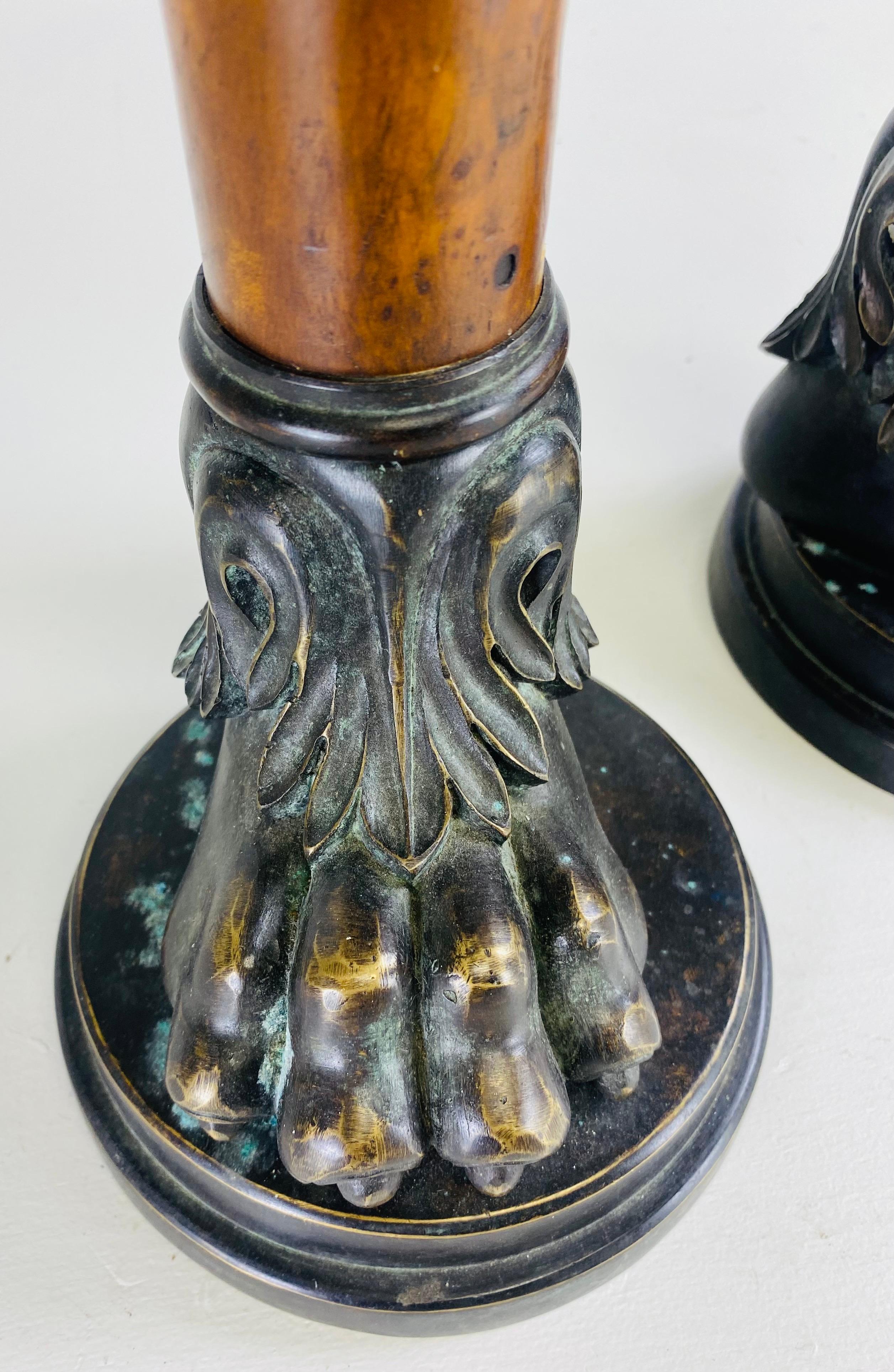 Greco Roman Oversized bronze and burled walnut candlesticks after theater Alexander For Sale