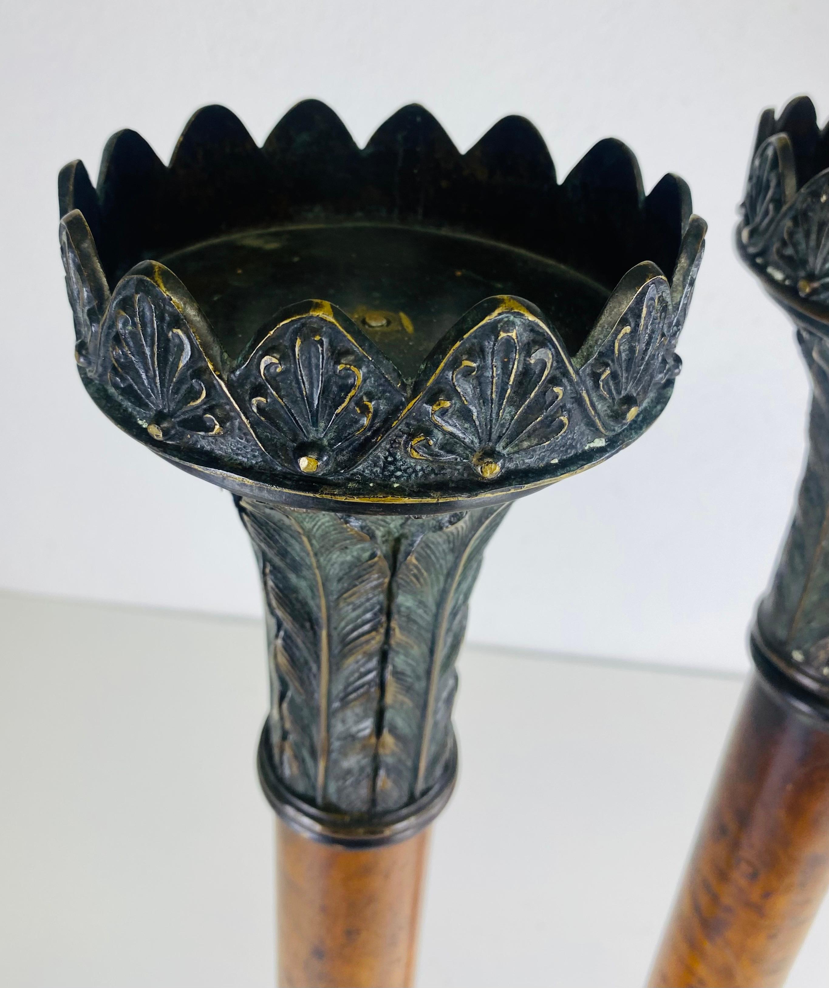 Hand-Crafted Oversized bronze and burled walnut candlesticks after theater Alexander For Sale