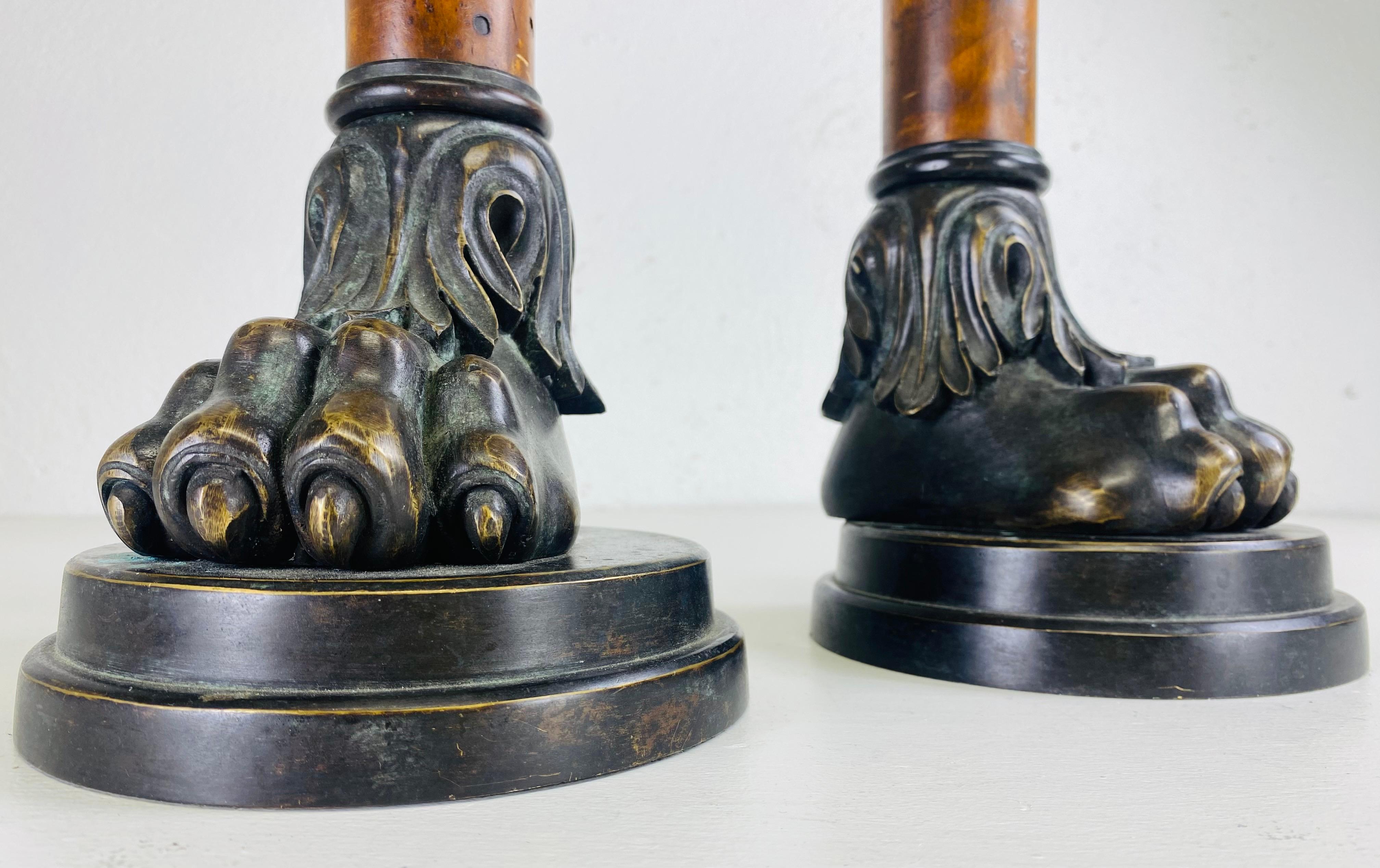 Oversized bronze and burled walnut candlesticks after theater Alexander In Good Condition For Sale In Allentown, PA