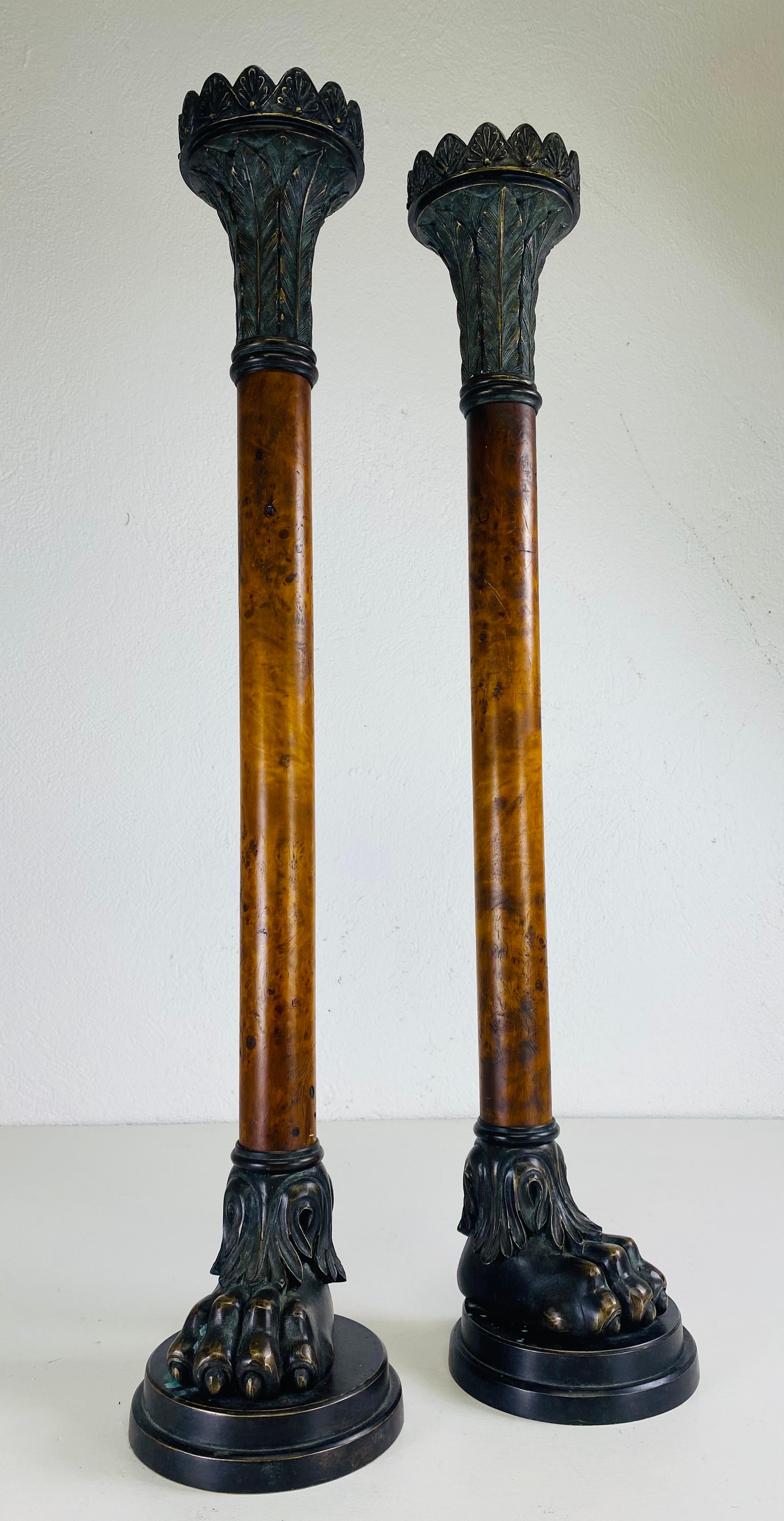 Contemporary Oversized bronze and burled walnut candlesticks after theater Alexander For Sale