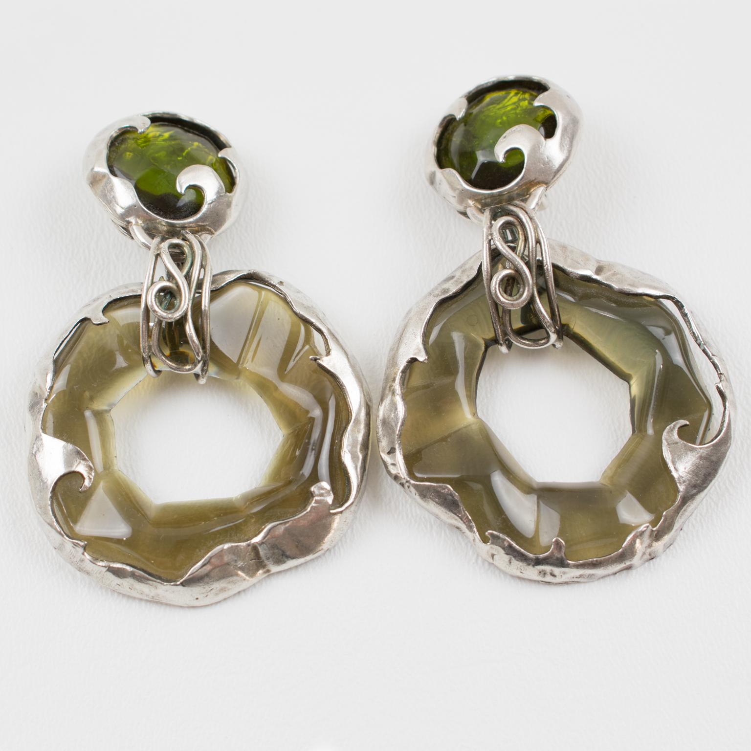Modernist Oversized Brutalist Green Lucite and Silver Plate Clip Earrings