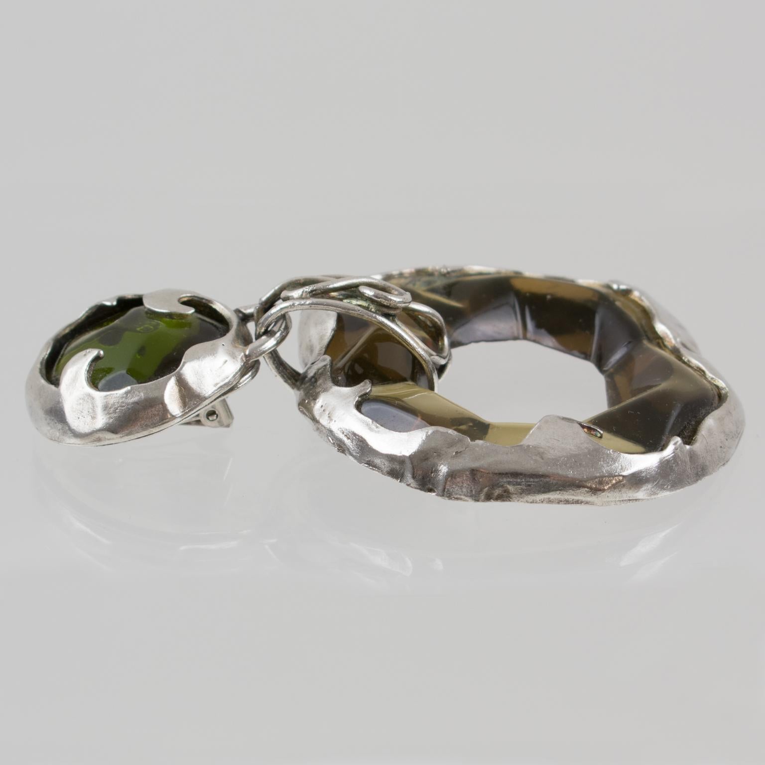 Women's or Men's Oversized Brutalist Green Lucite and Silver Plate Clip Earrings