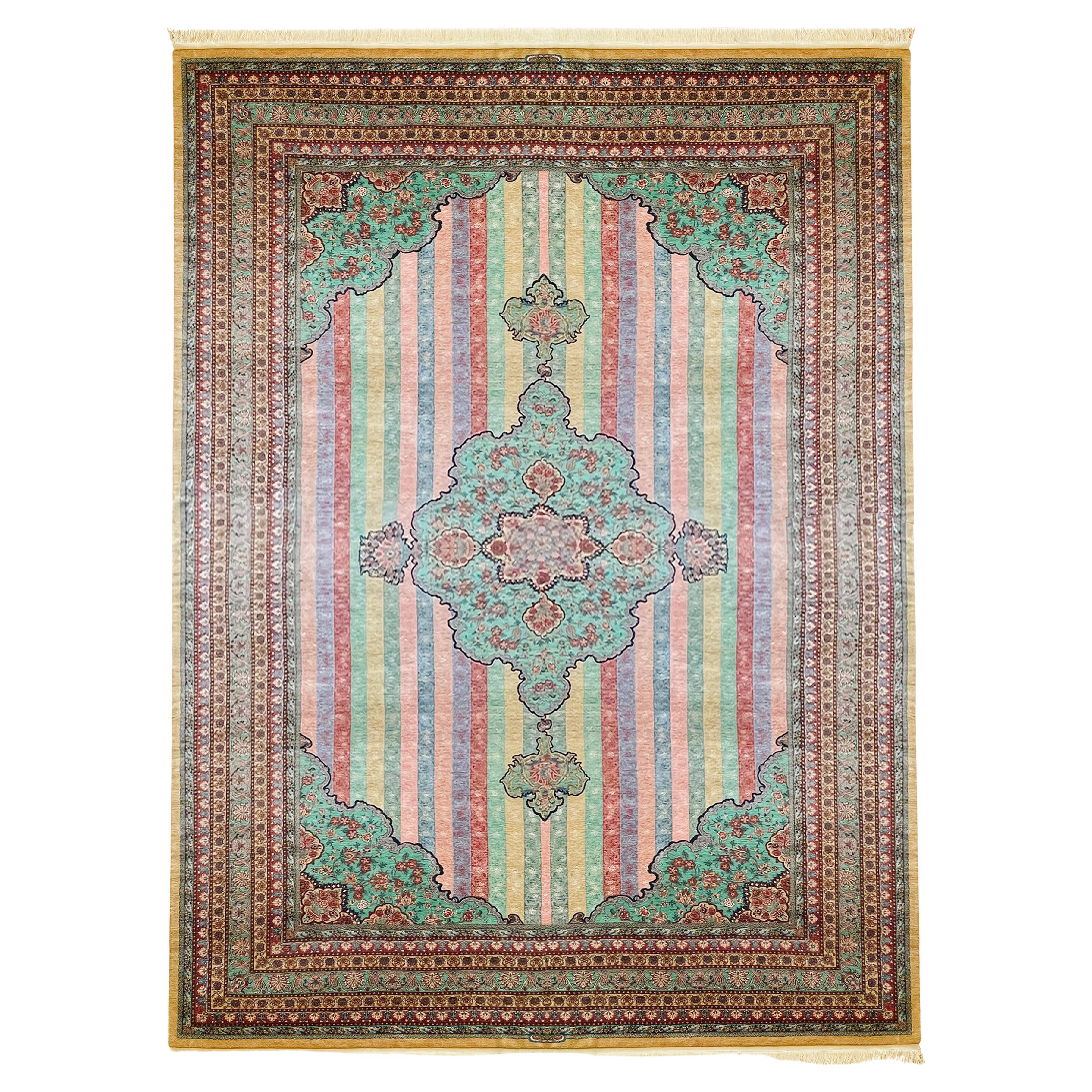 Oversized Carpet Striped Rug, Fine Exclusive Handmade Wool Silk Kurdish Rug 
