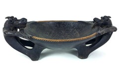 Oversized Carved Ironwood and Rattan Chieftains Bowl