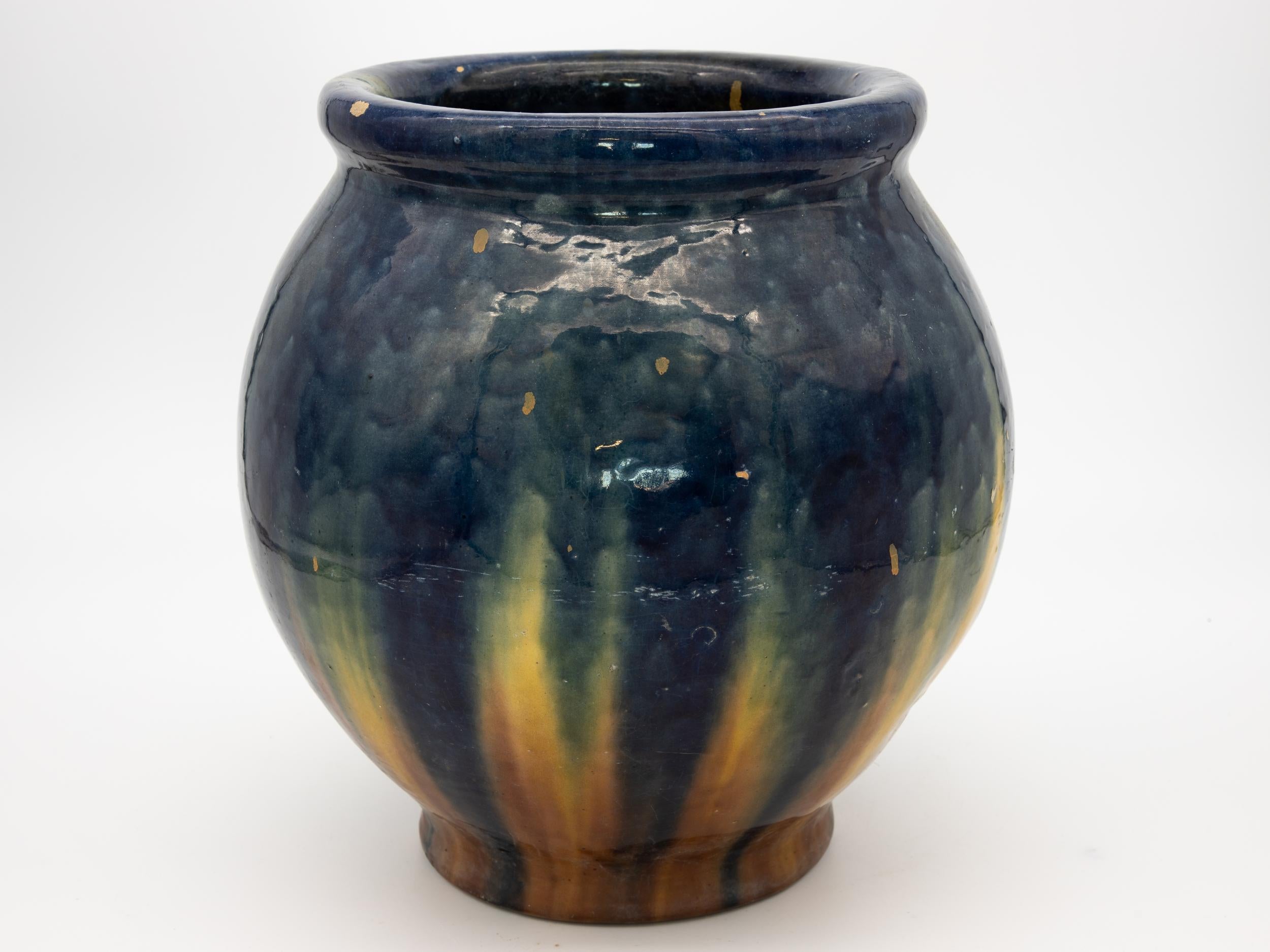 Oversized ceramic vase with blue & cream glaze, beautiful weight and thickness.