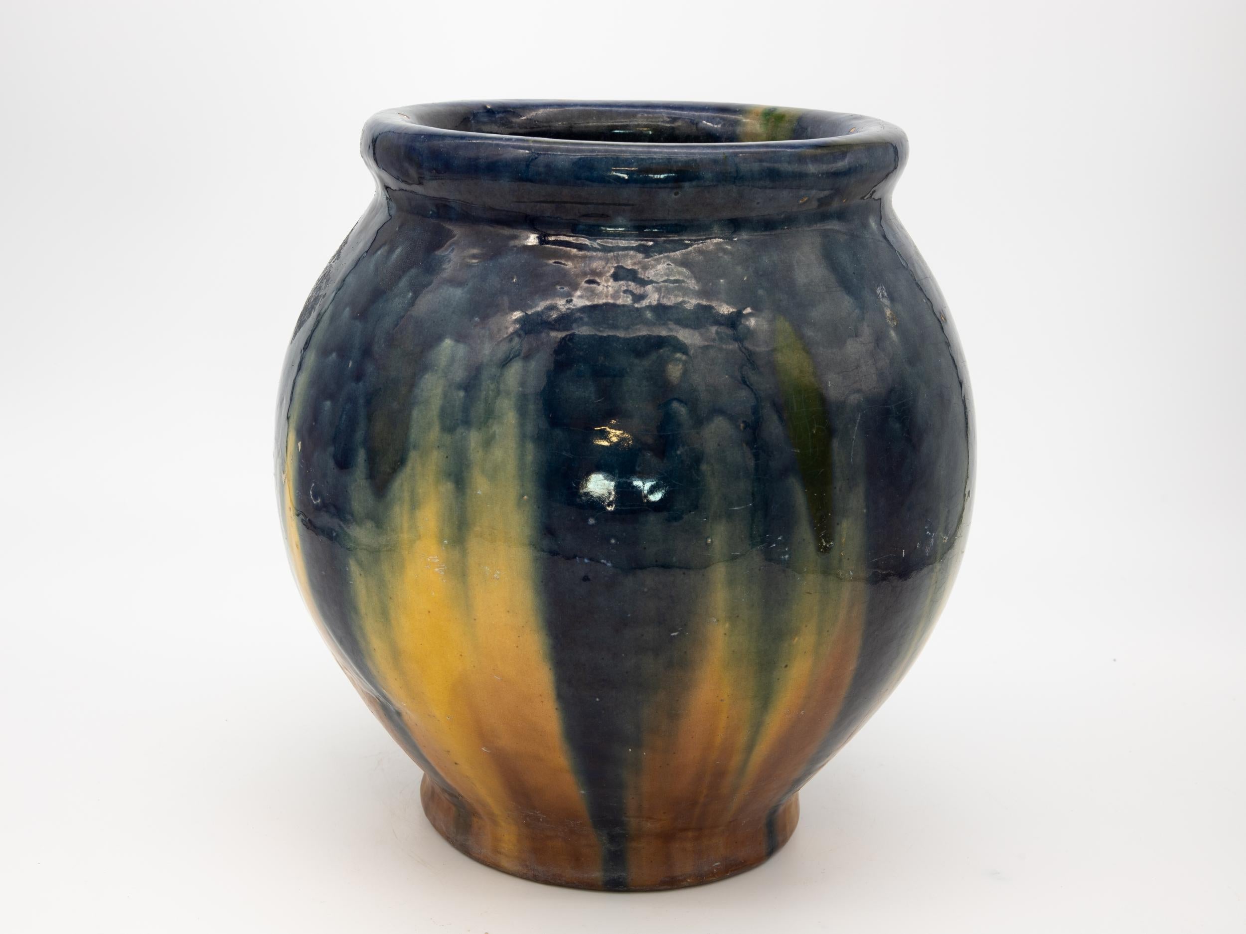 French Oversized Ceramic Vase with Blue & Cream Glaze For Sale
