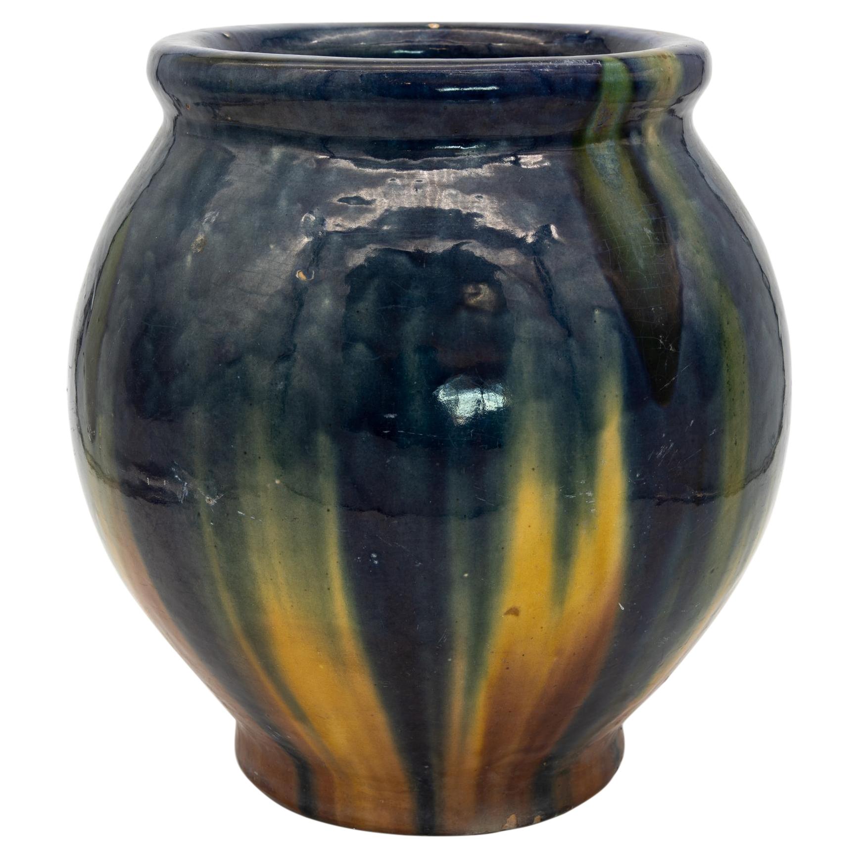 Vase en céramique surdimensionné à glaçure bleue et crème en vente