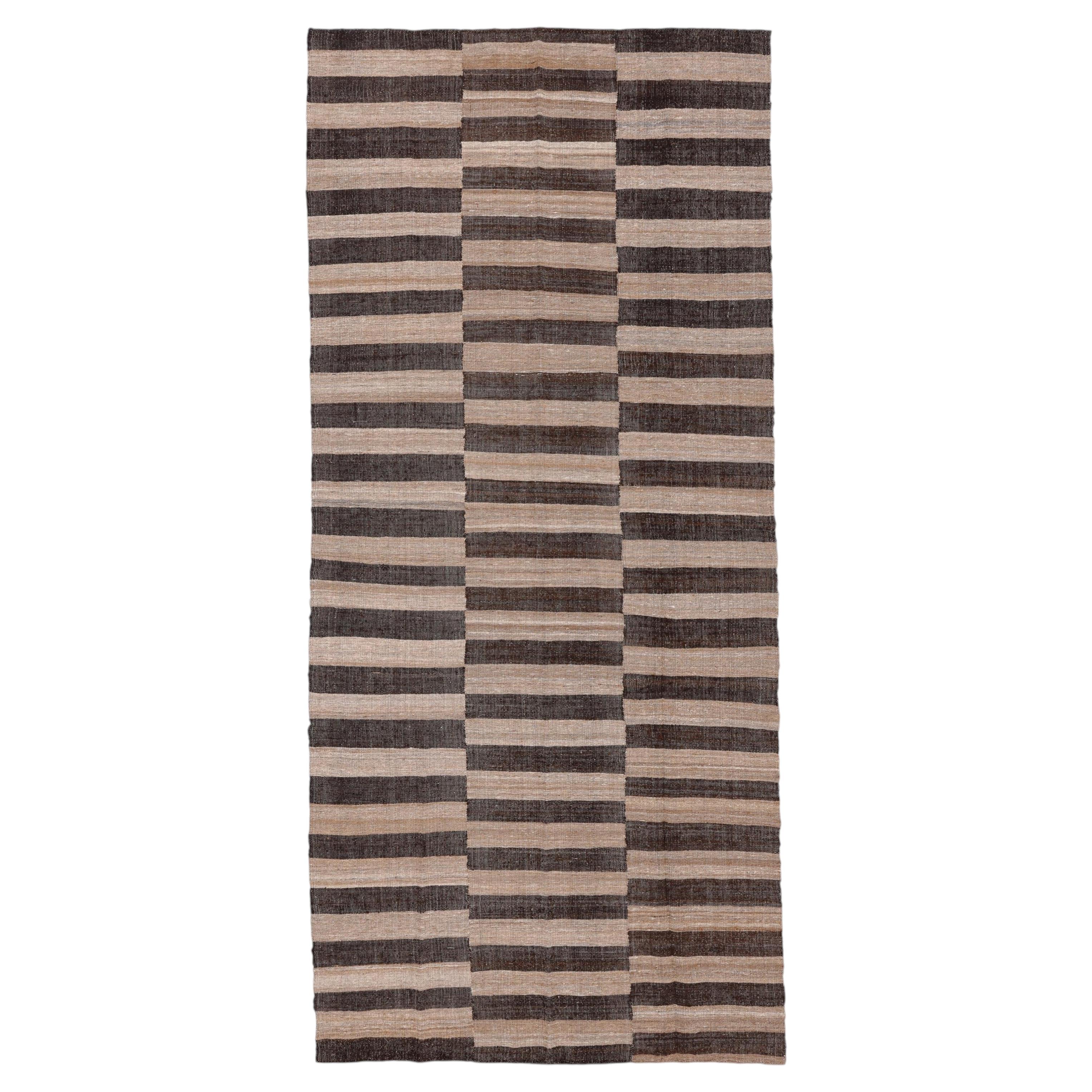 Oversized Checkerboard Tribal Kilim, Rustic Earth Toned Brown Rug, c. 1950, 6x14 For Sale