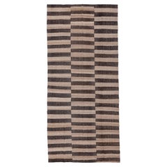 Oversized Checkerboard Tribal Kilim, Rustic Earth Toned Brown Rug, c. 1950, 6x14