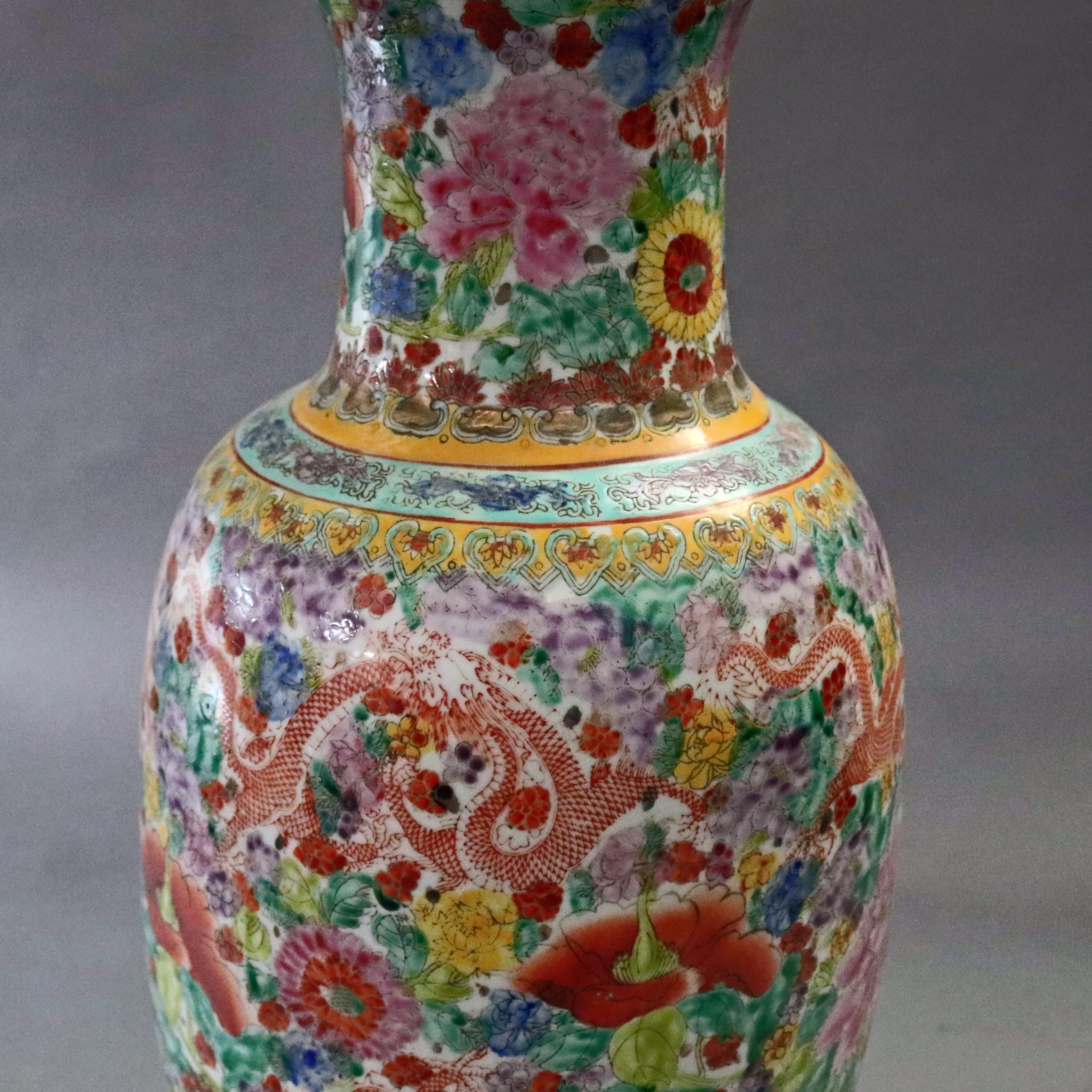 Oversized Chinese Hand Painted Dragon & Floral Porcelain Vase, 20th Century 5