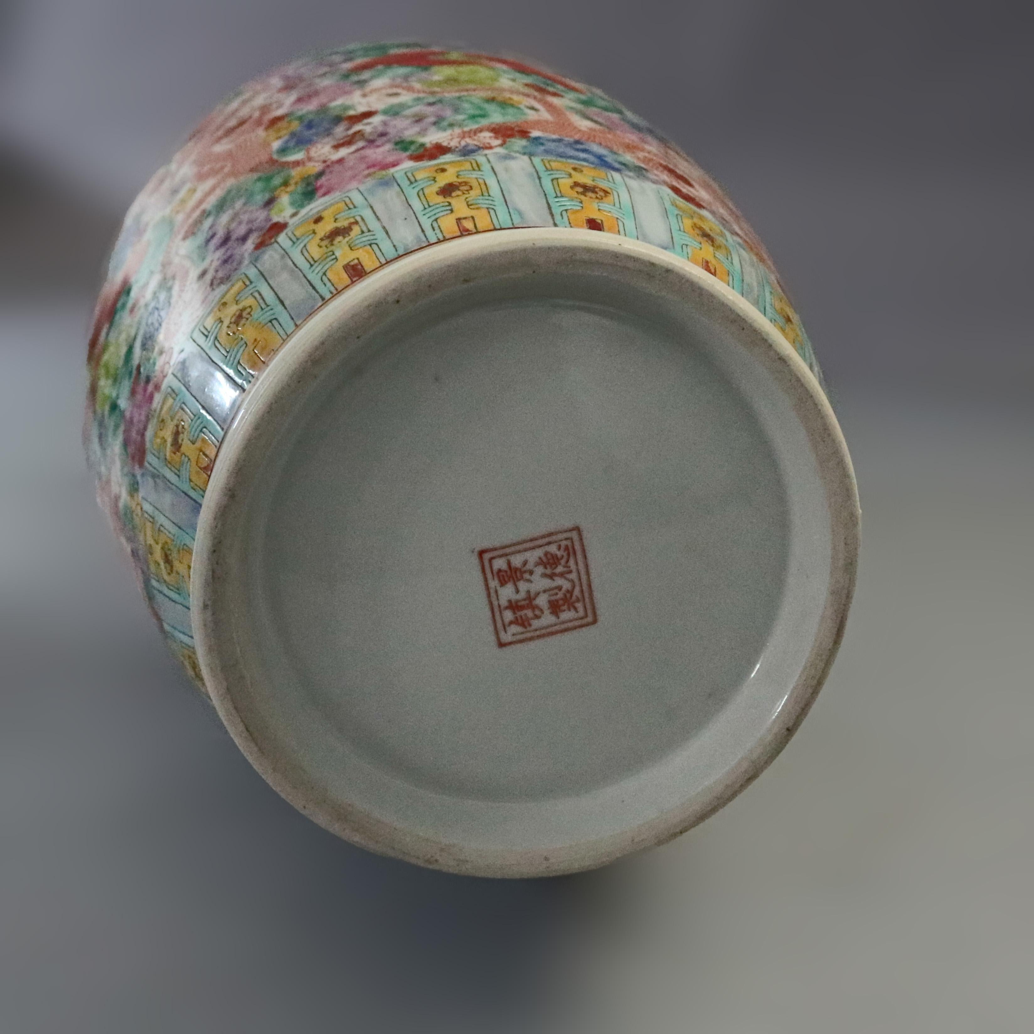 Hand-Painted Oversized Chinese Hand Painted Dragon & Floral Porcelain Vase, 20th Century