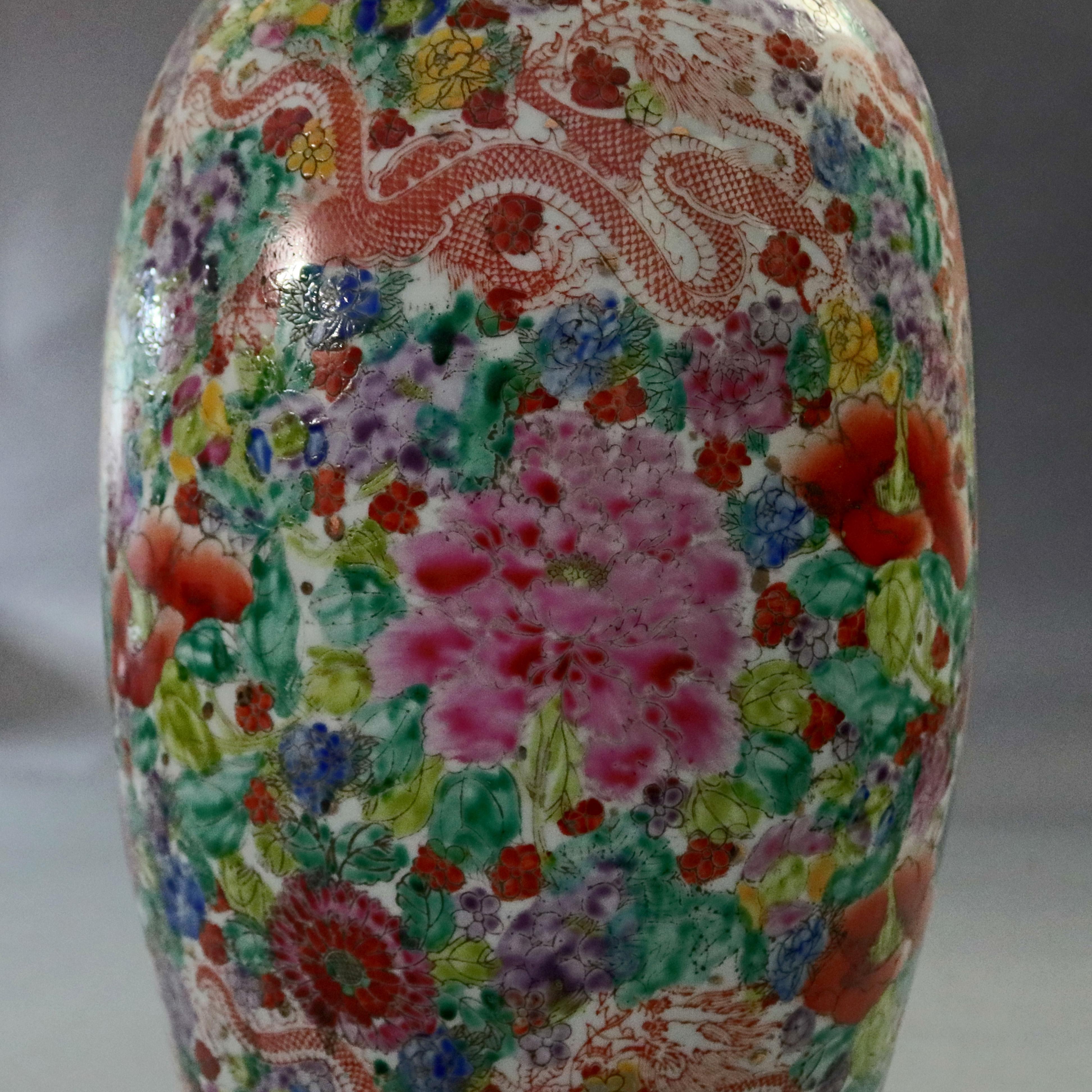 Oversized Chinese Hand Painted Dragon & Floral Porcelain Vase, 20th Century In Good Condition In Big Flats, NY