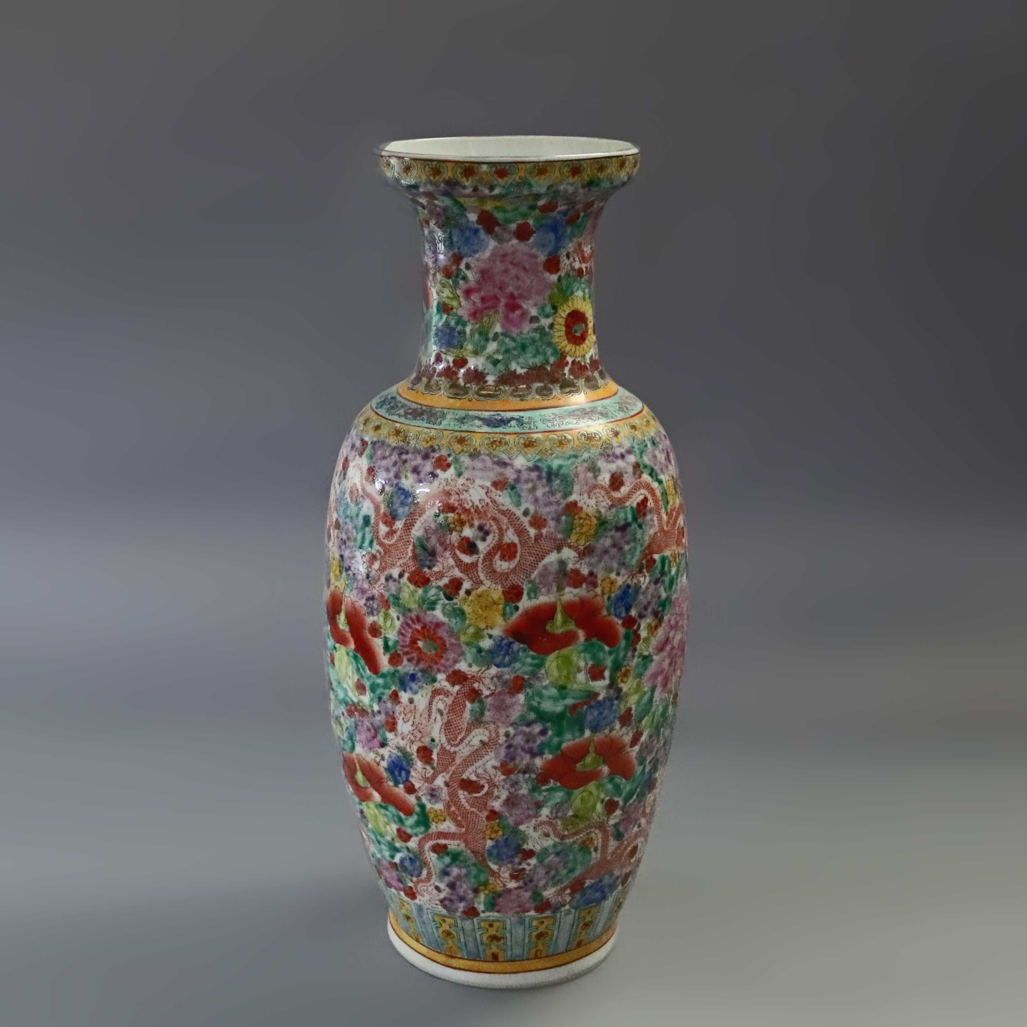 Oversized Chinese Hand Painted Dragon & Floral Porcelain Vase, 20th Century 4