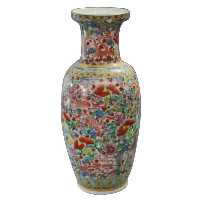 Oversized Chinese Hand Painted Dragon & Floral Porcelain Vase, 20th Century For Sale