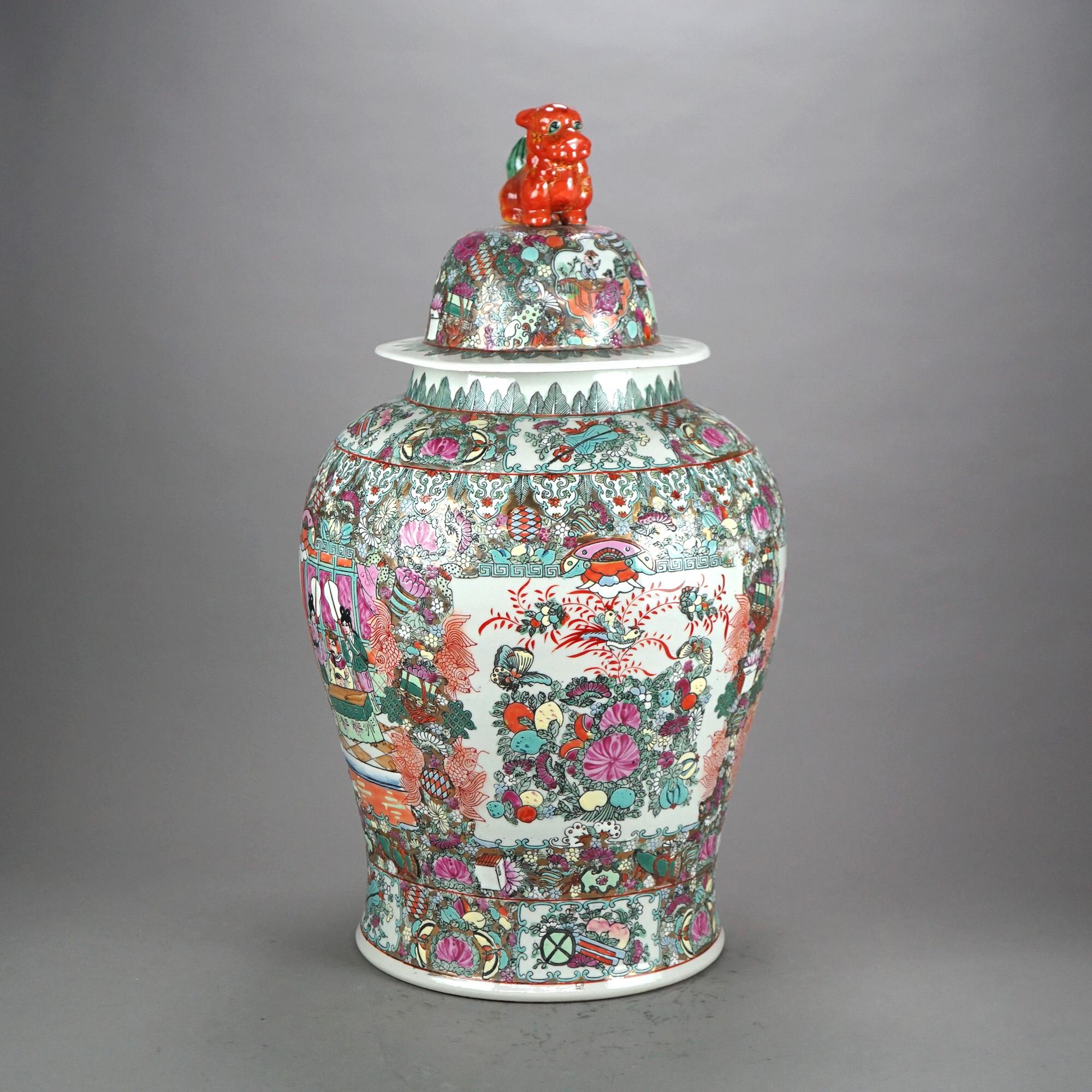 Oversized Chinese Rose Medallion Enameled Porcelain Figural Covered Urn 20thC For Sale 6
