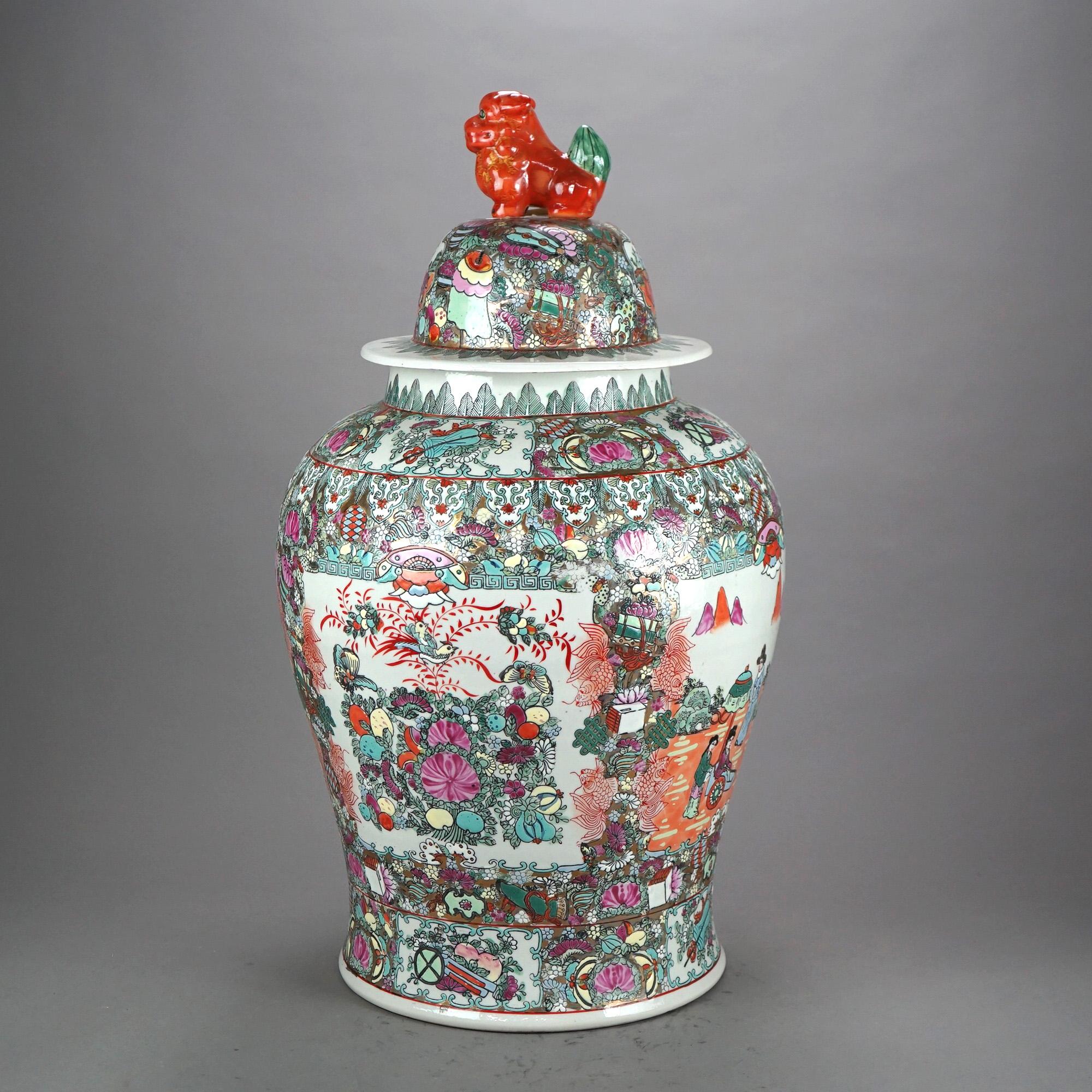 Oversized Chinese Rose Medallion Enameled Porcelain Figural Covered Urn 20thC For Sale 7