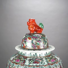 Oversized Chinese Rose Medallion Enameled Porcelain Figural Covered Urn 20thC