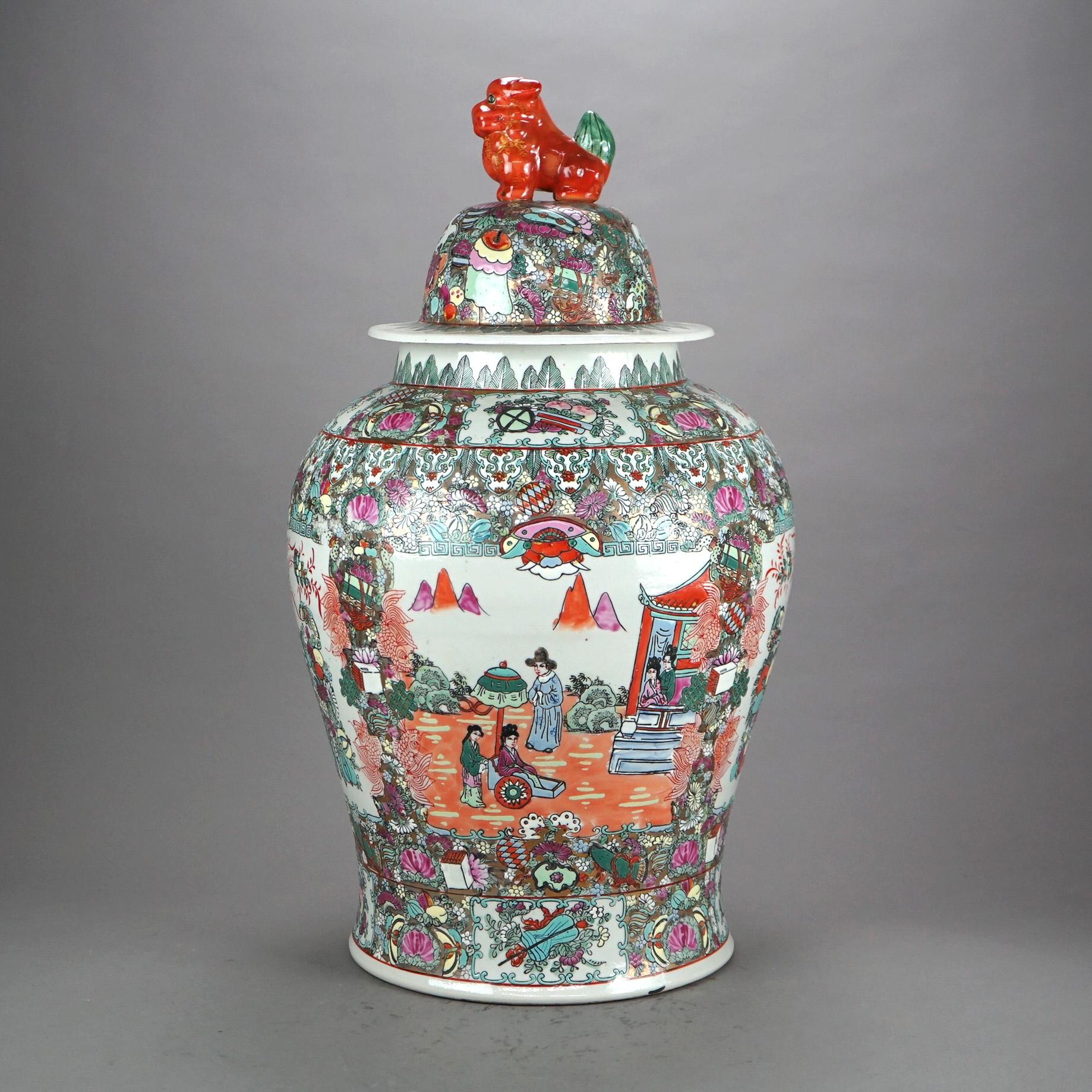 Asian Oversized Chinese Rose Medallion Enameled Porcelain Figural Covered Urn 20thC For Sale