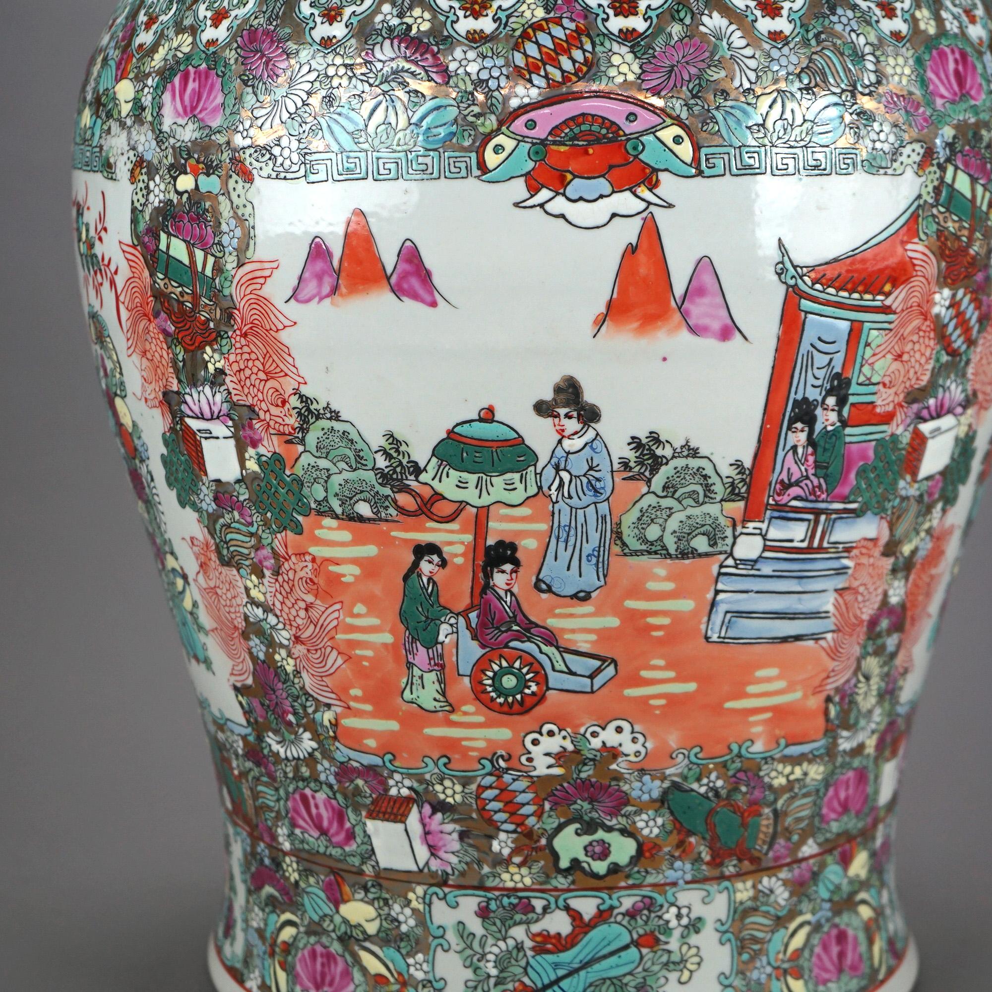 Oversized Chinese Rose Medallion Enameled Porcelain Figural Covered Urn 20thC In Good Condition For Sale In Big Flats, NY