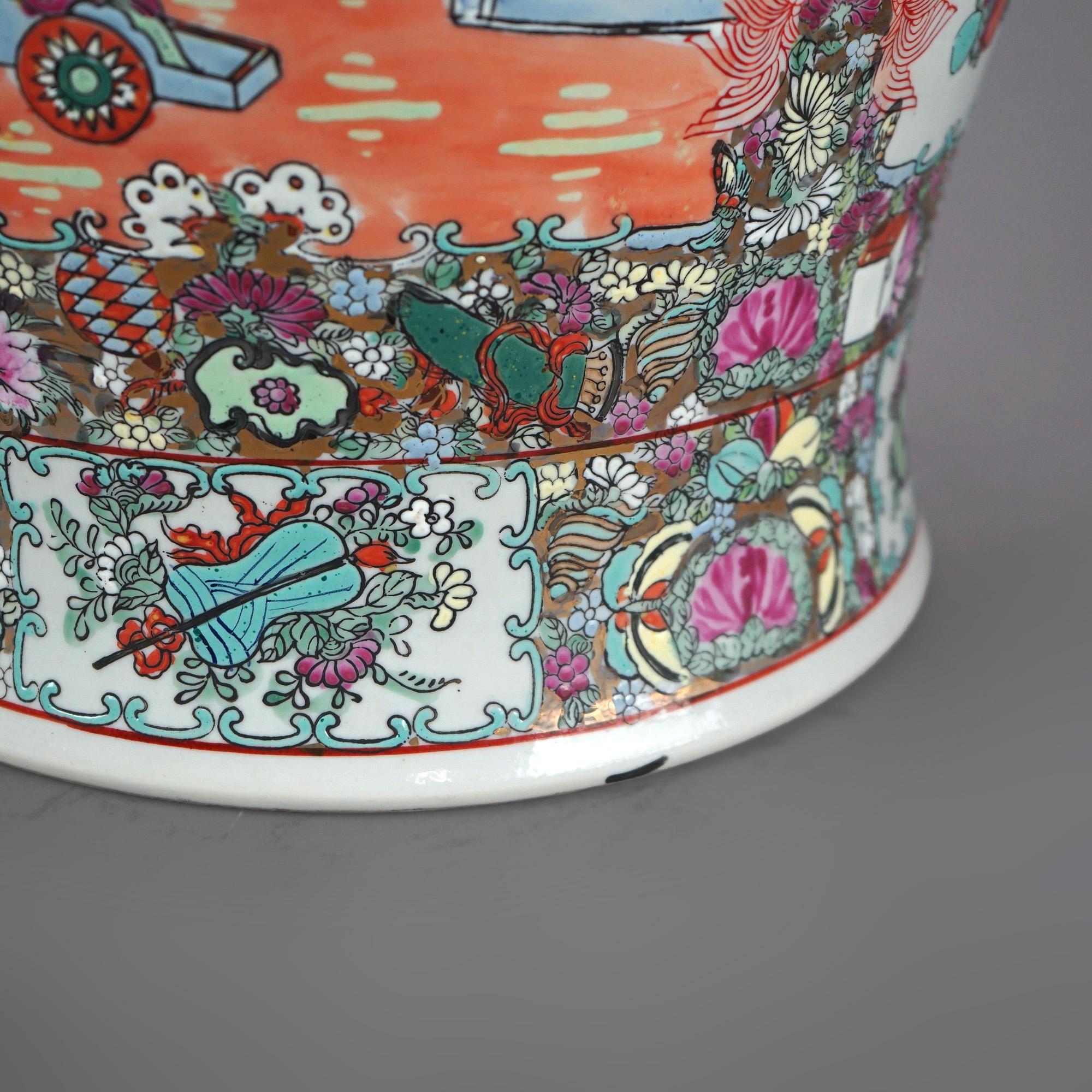 Oversized Chinese Rose Medallion Enameled Porcelain Figural Covered Urn 20thC For Sale 1