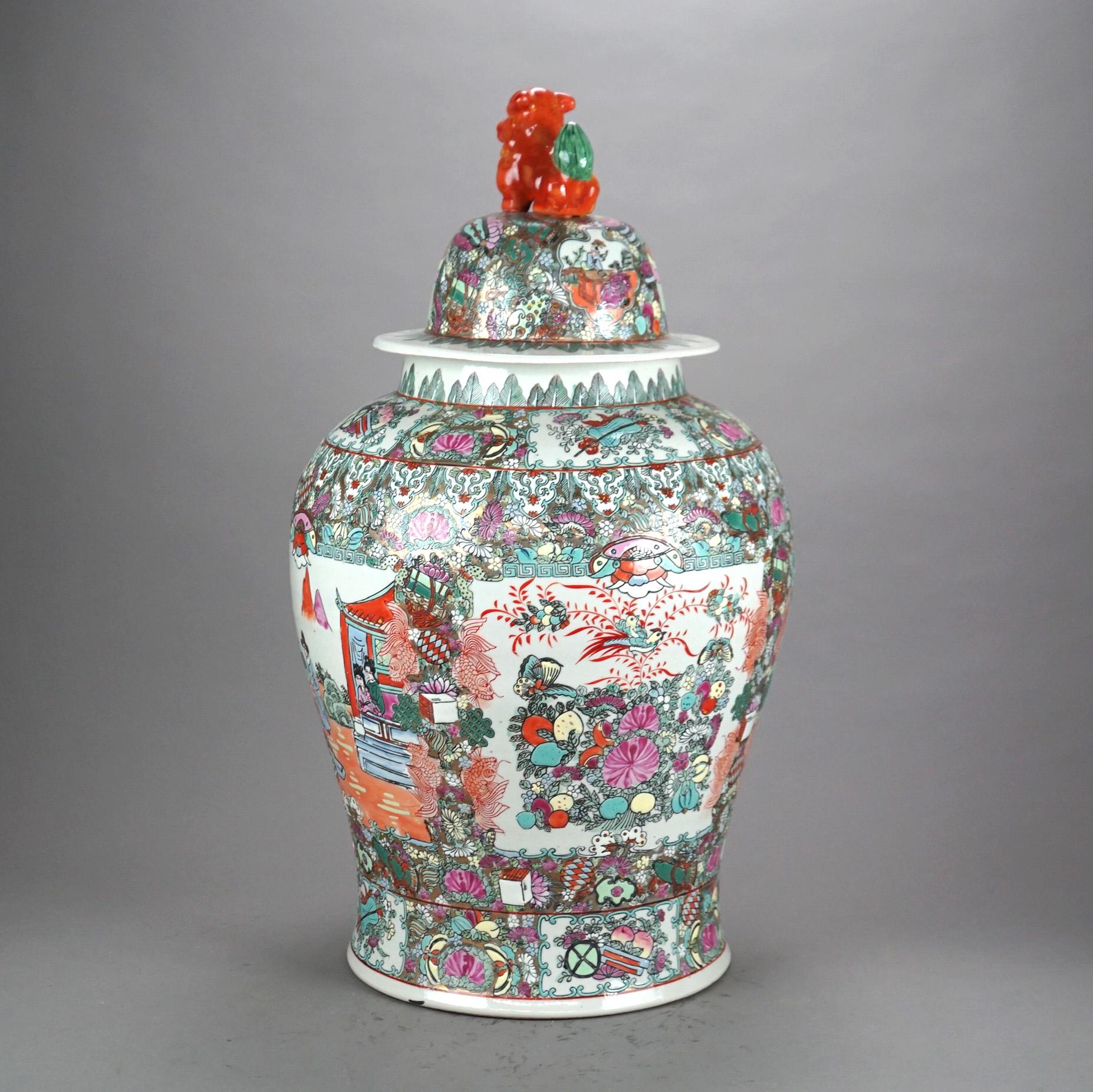 Oversized Chinese Rose Medallion Enameled Porcelain Figural Covered Urn 20thC For Sale 2