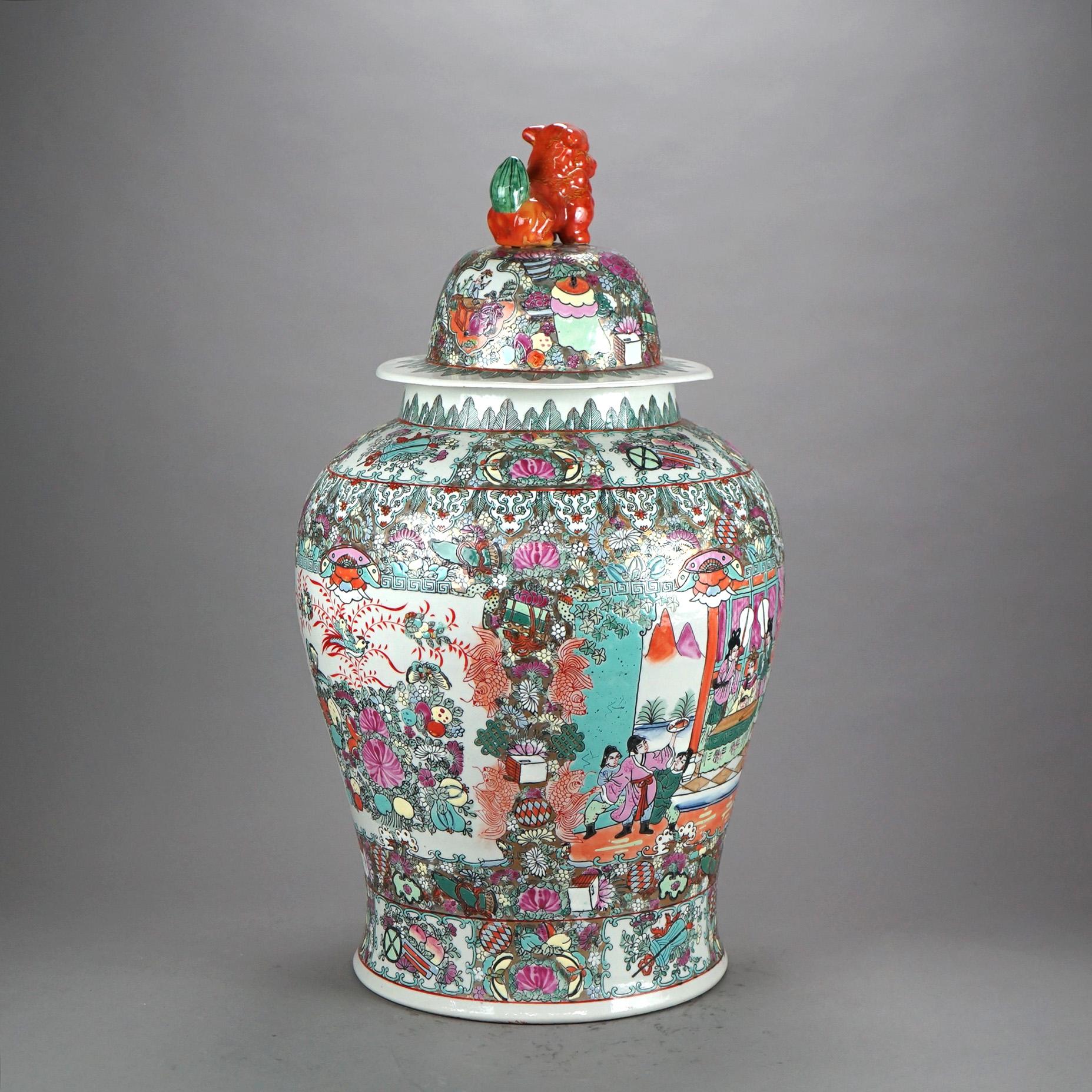 Oversized Chinese Rose Medallion Enameled Porcelain Figural Covered Urn 20thC For Sale 3