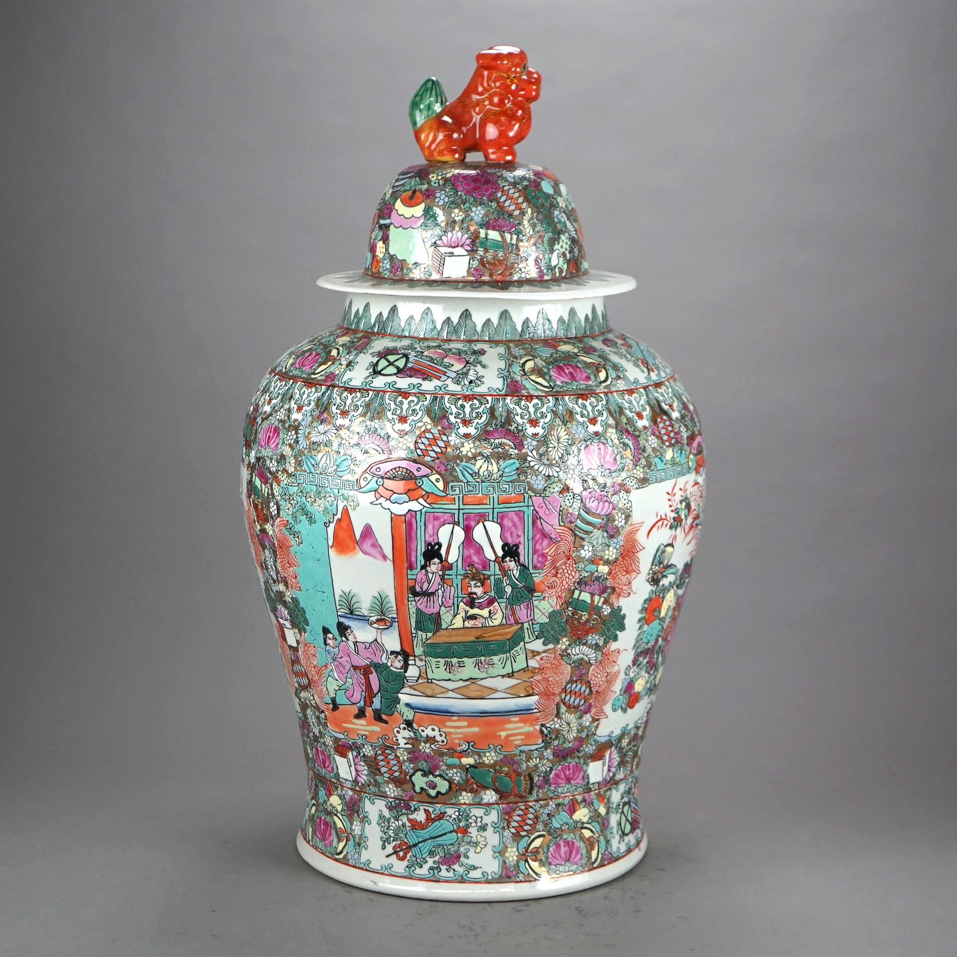 Oversized Chinese Rose Medallion Enameled Porcelain Figural Covered Urn 20thC For Sale 4