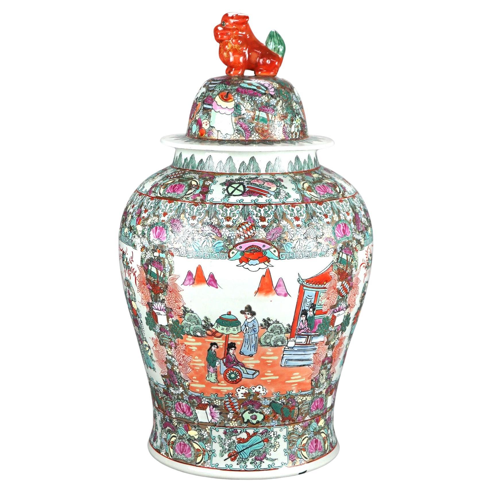 Oversized Chinese Rose Medallion Enameled Porcelain Figural Covered Urn 20thC