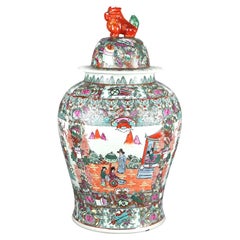 Oversized Chinese Rose Medallion Enameled Porcelain Figural Covered Urn 20thC