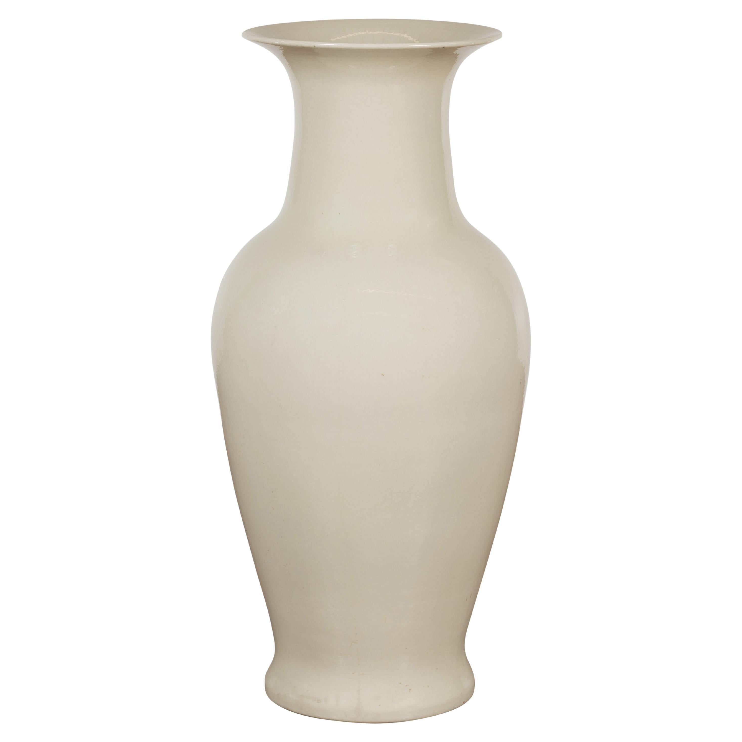 Oversized Chinese Vintage Altar Vase with Blanc de Chine Finish and Flaring Neck
