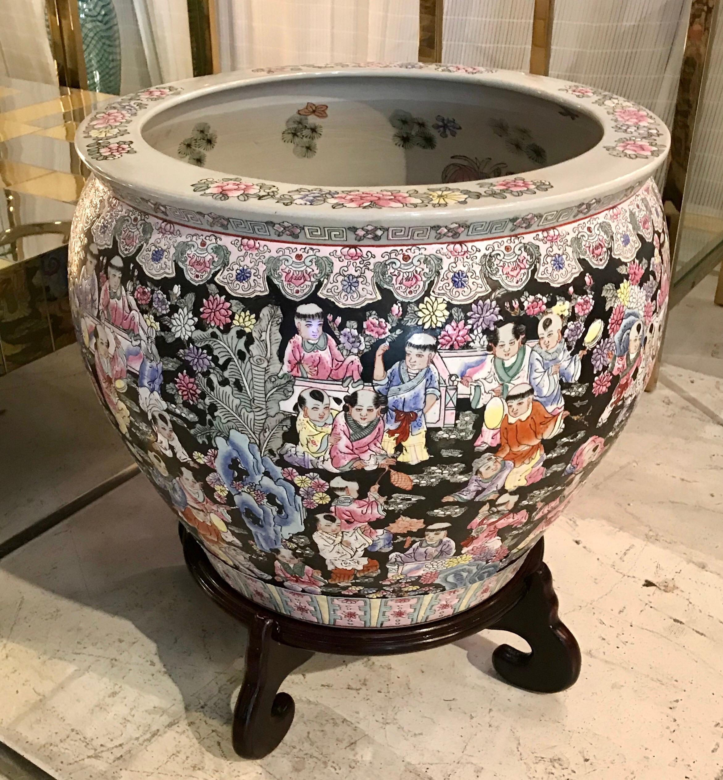 French Oversized Chinoiserie Jardinière with Koi Fish Interior